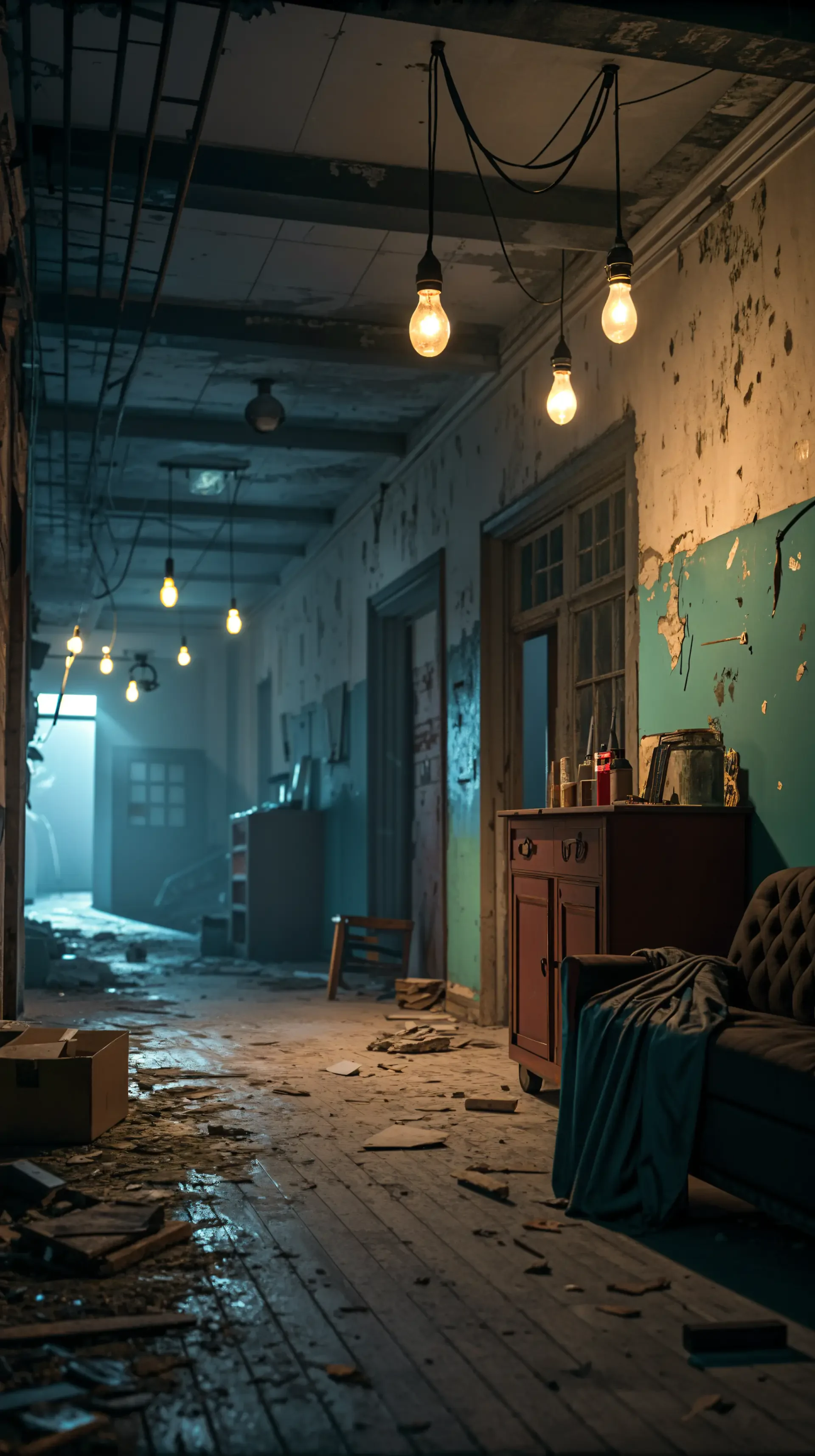 A grunge-themed phone wallpaper featuring a dimly lit, abandoned hallway with peeling walls, scattered debris, and hanging light bulbs, evoking an atmospheric and rustic feel.