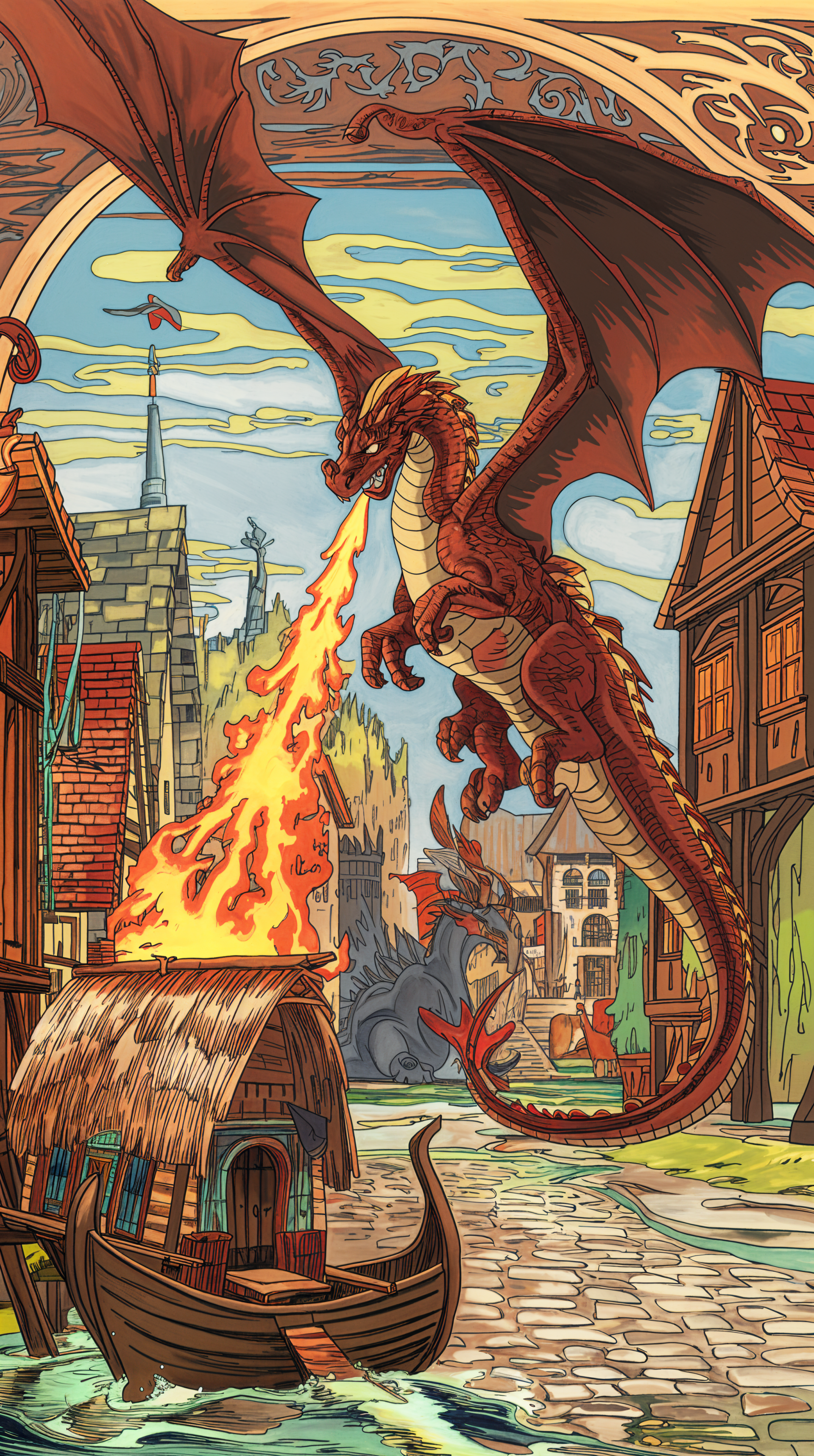 A vibrant phone wallpaper depicting a majestic dragon breathing fire over a quaint village, with scenic buildings and a boat in the foreground, creating a dynamic fantasy atmosphere.