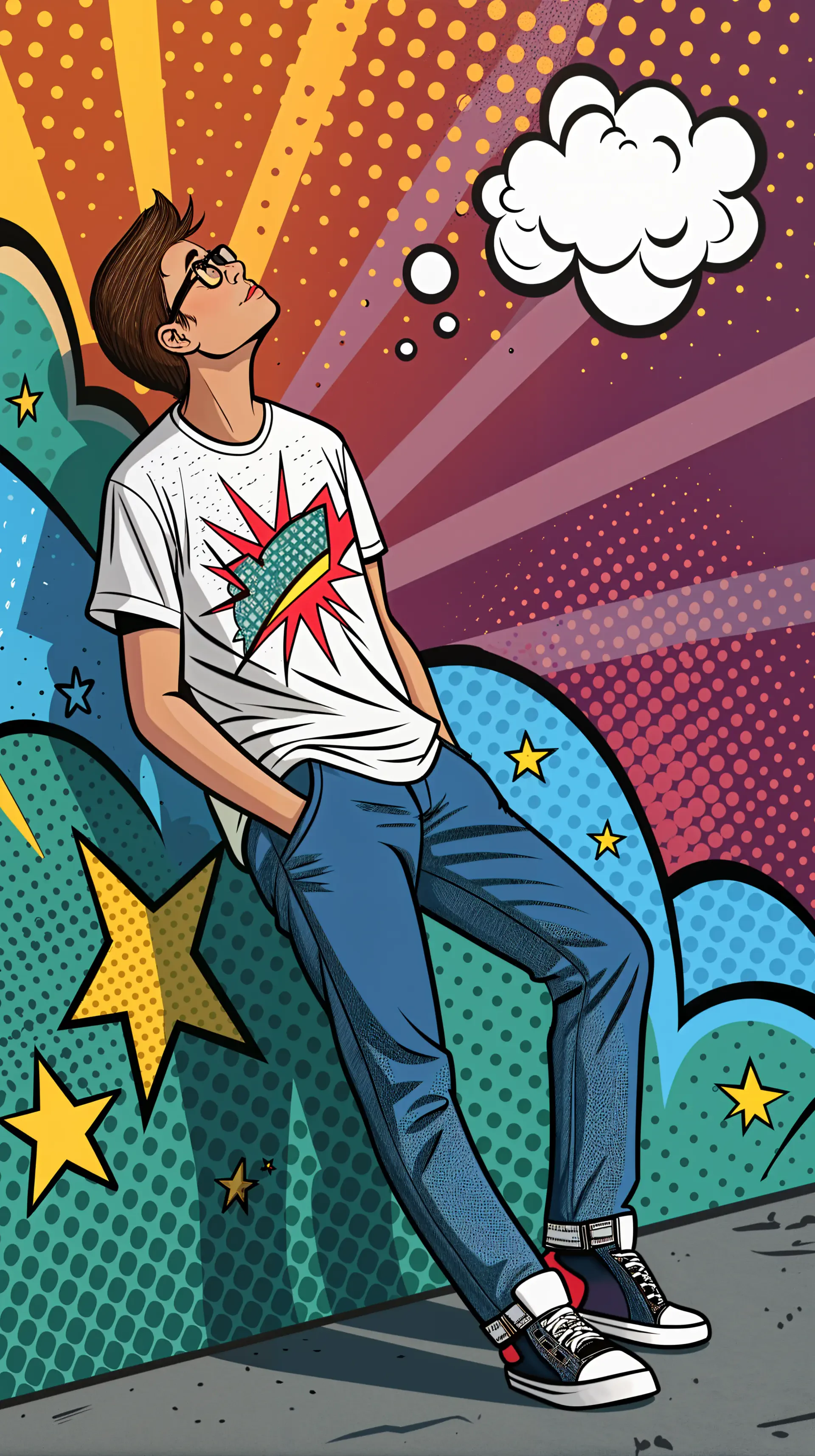 A chill guy leans against a colorful backdrop, deep in thought. The vibrant design features stars and rays, making this a lively phone wallpaper.