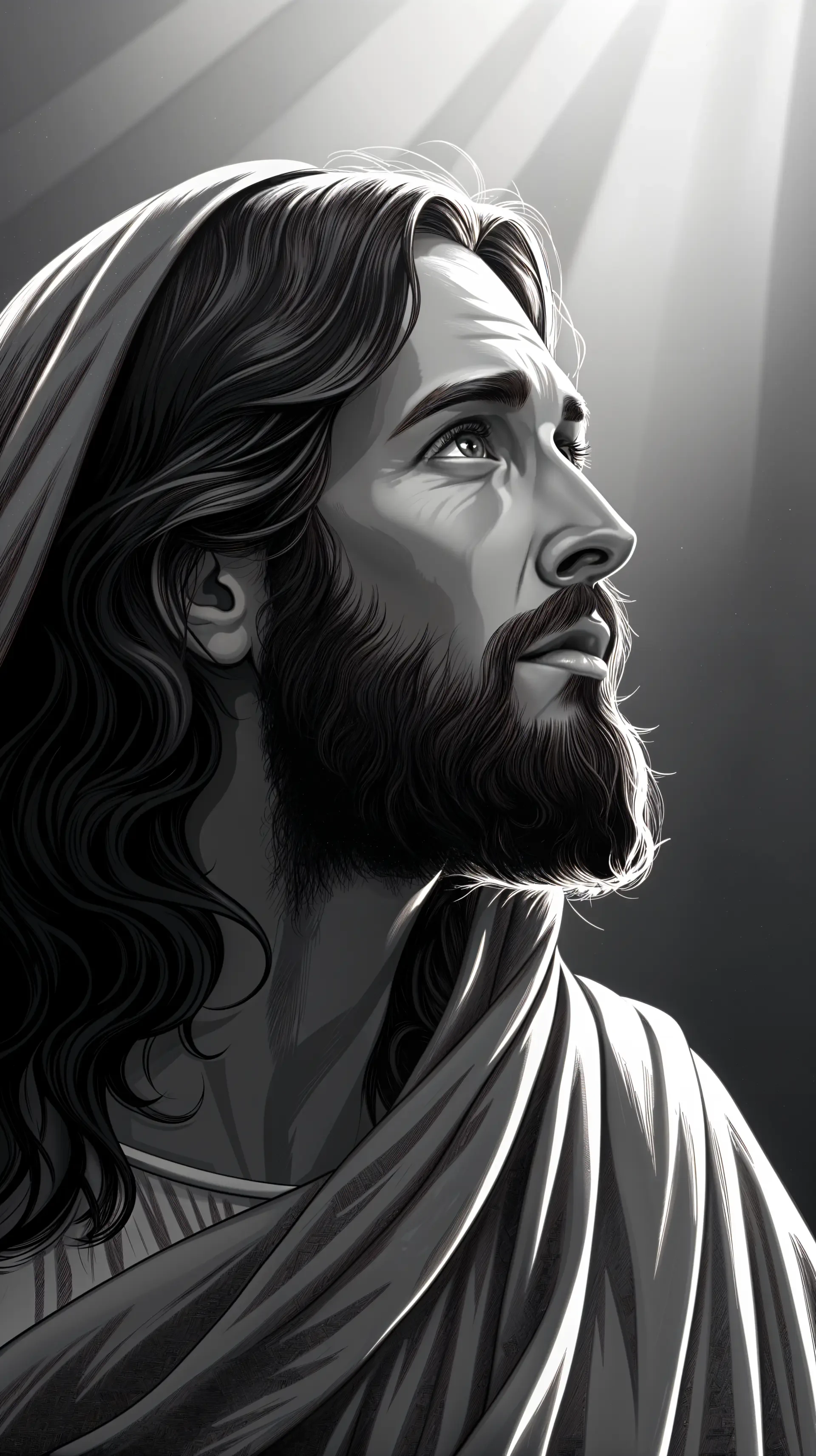 A monochrome illustration of Jesus gazing upward, illuminated by rays of light, designed as a phone wallpaper.
