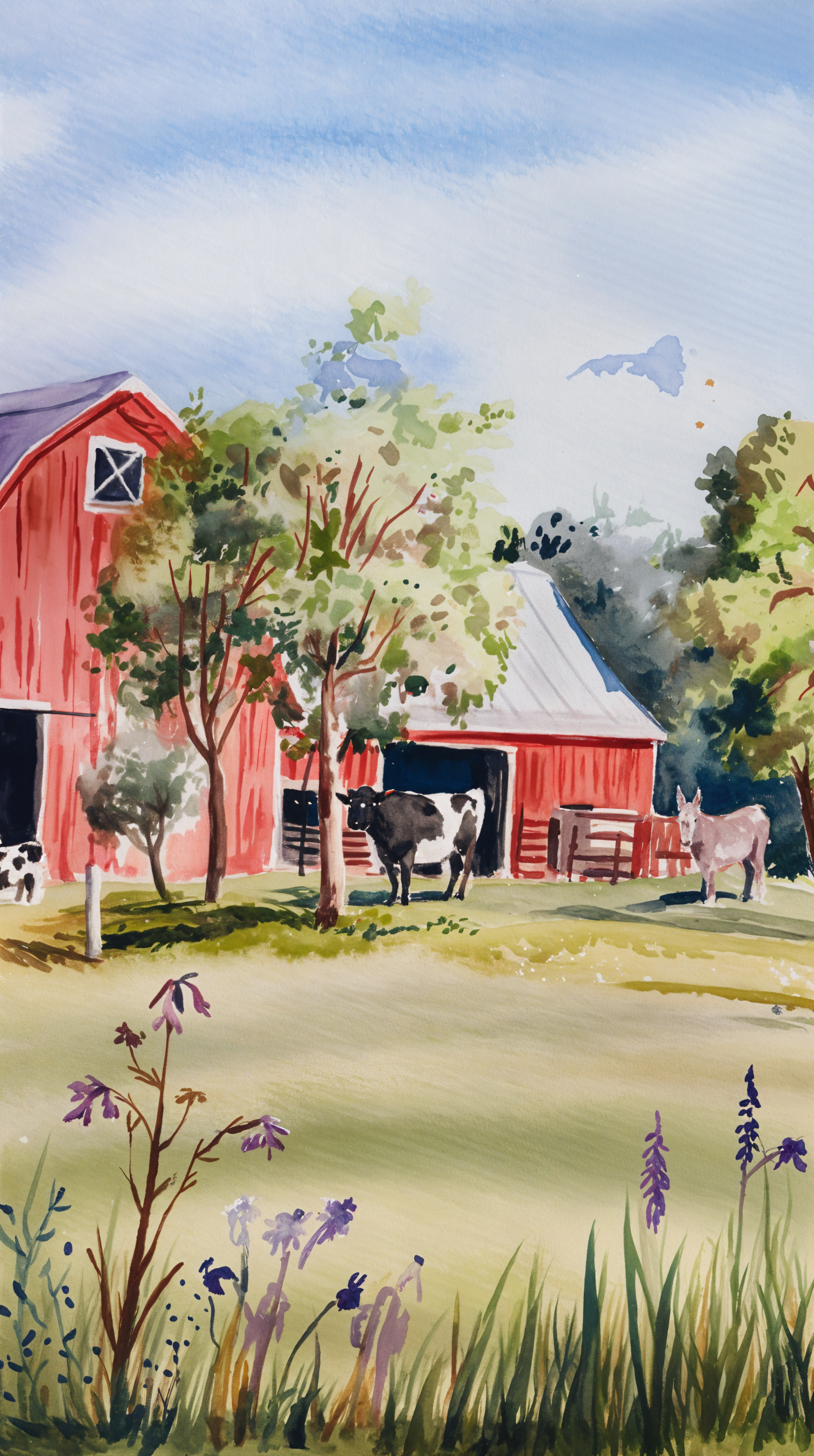 A serene farm scene featuring red barns, grazing cows, and lush greenery, capturing the essence of rural life. This watercolor design makes an inviting phone wallpaper.