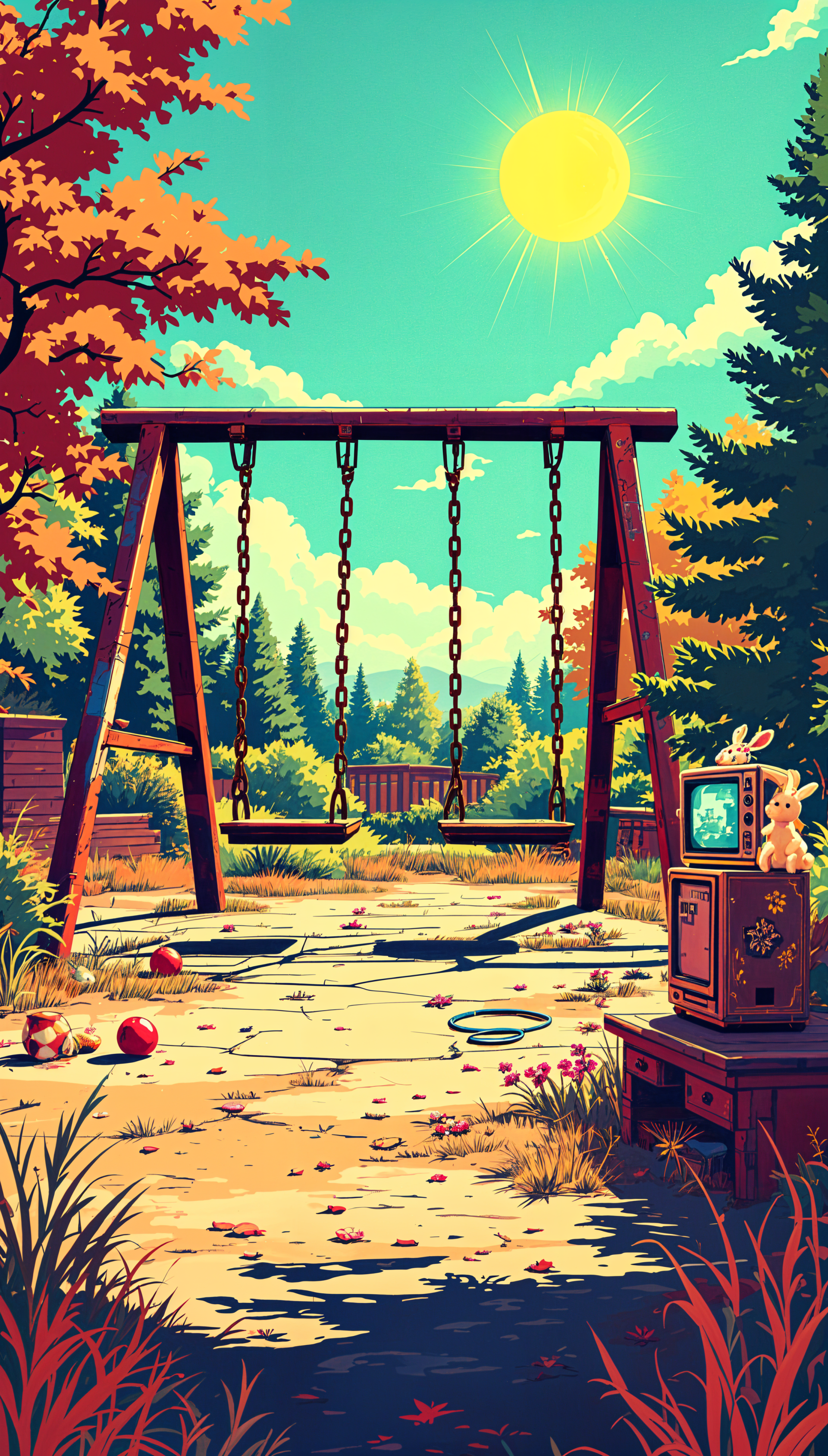 A vibrant playground scene featuring a swing set and overgrown grass, illuminated by a bright sun, with nostalgic elements like an old TV, evokes memories of carefree childhood days.