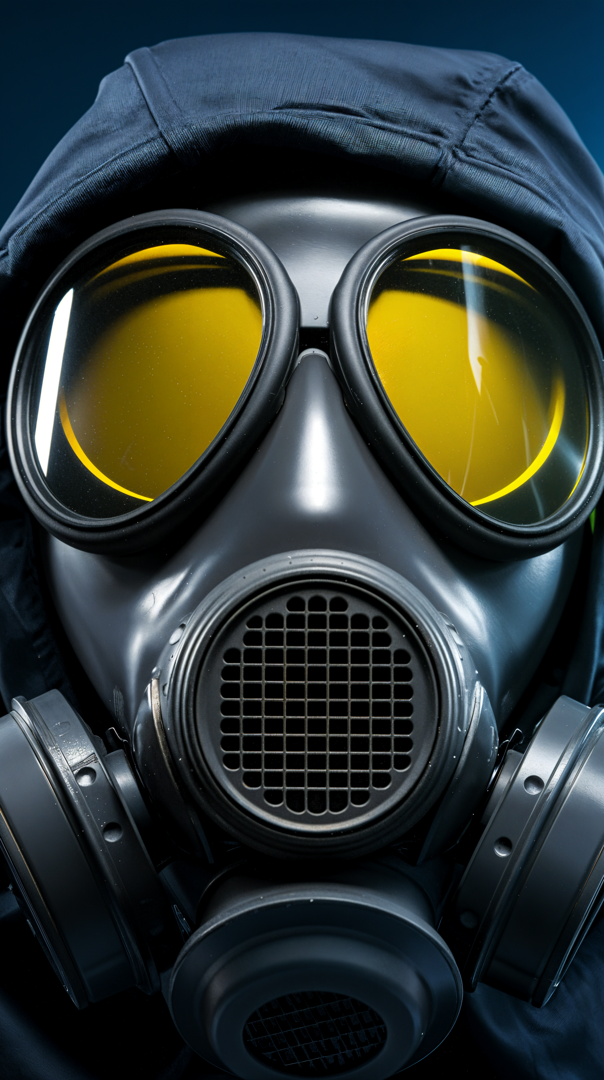 Close-up of a gas mask with yellow-tinted lenses, set against a dark background, designed as a striking phone wallpaper.