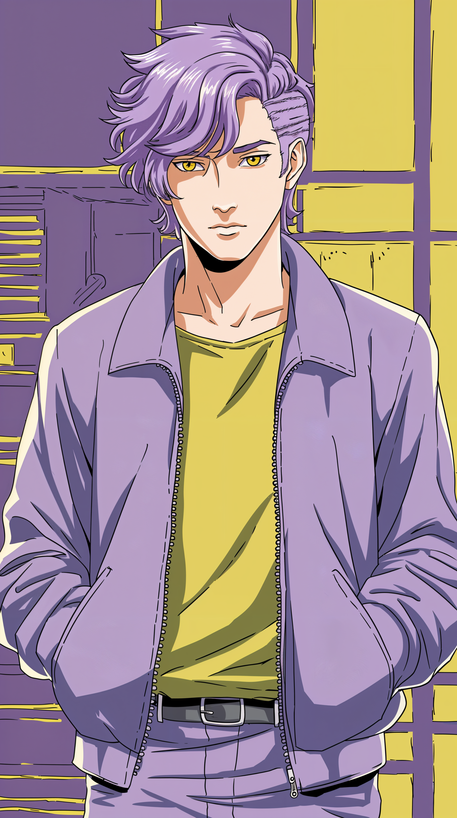 A retro anime-style phone wallpaper featuring a young man with purple hair, wearing a purple jacket and yellow shirt, set against a vibrant background of geometric shapes.