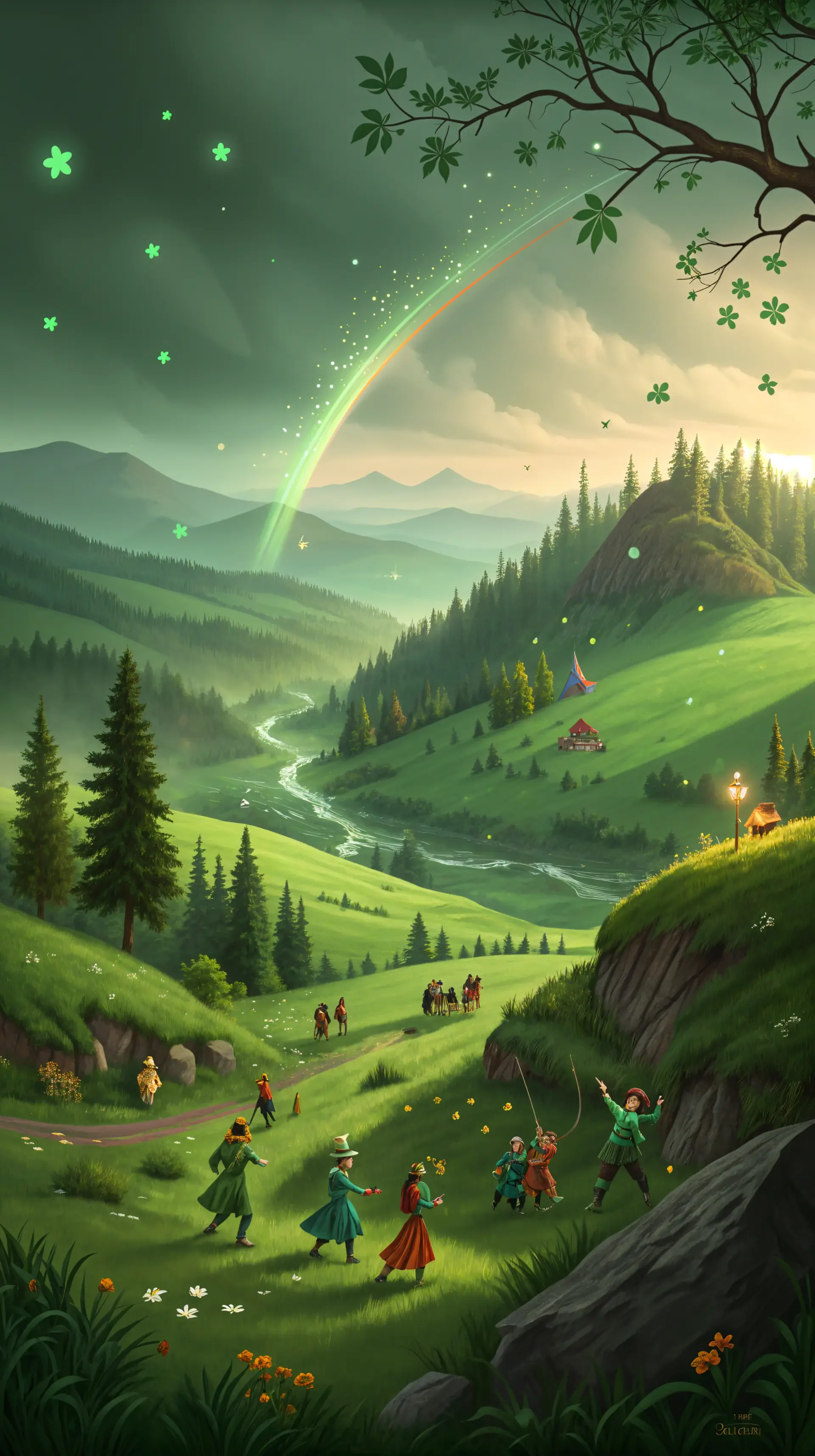 A vibrant St. Patrick's Day themed wallpaper, featuring a lush, green landscape with a rainbow, whimsical characters dancing, and sparkling elements scattered throughout the scene.