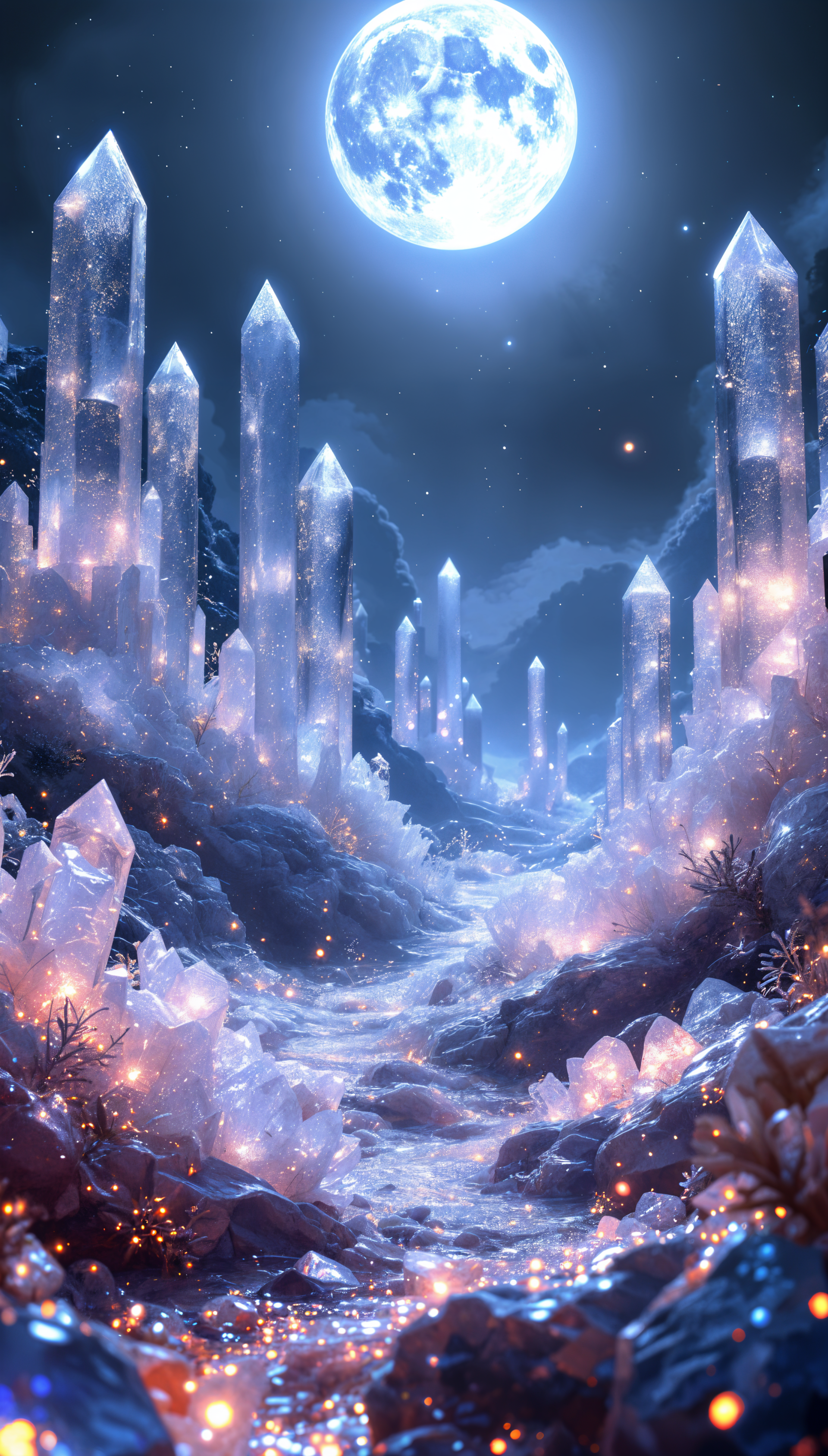 A serene moonlit landscape featuring towering crystalline formations and a shimmering pathway, creating a magical atmosphere ideal for a phone wallpaper.