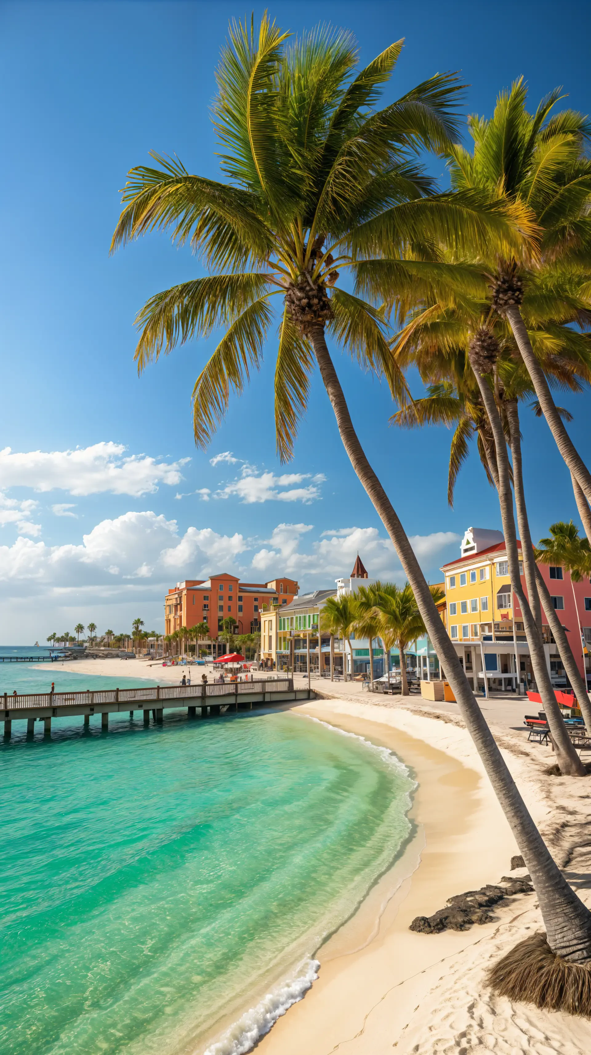 Phone wallpaper showing a tropical Florida beach with swaying palm trees, turquoise waterfront, colorful buildings, and a clear blue sky on a sunny day for iPhone and Android.