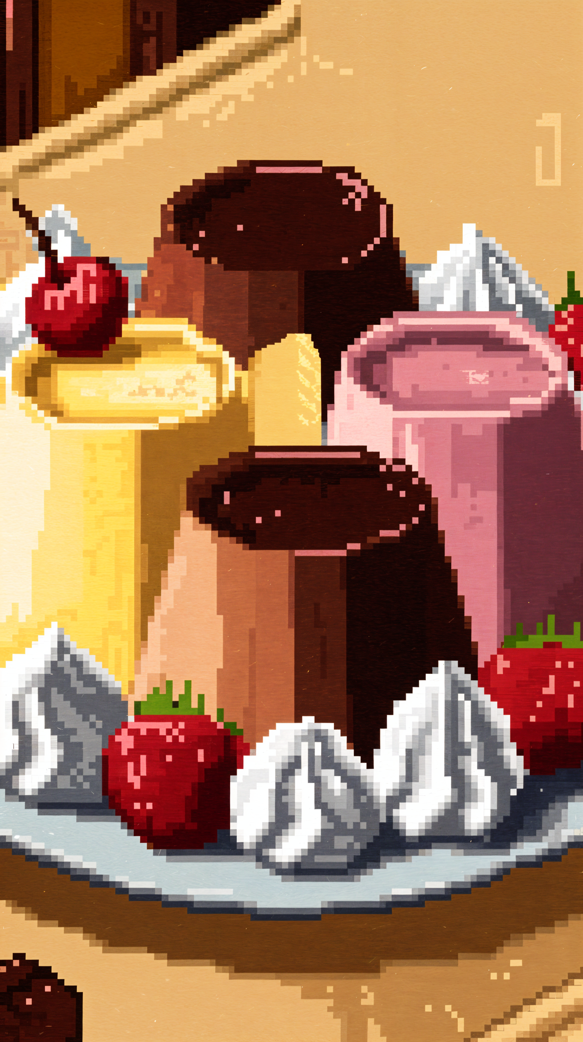 A vibrant phone wallpaper showcasing an assortment of delicious puddings in different flavors, garnished with strawberries, cherries, and whipped cream on a decorative plate.