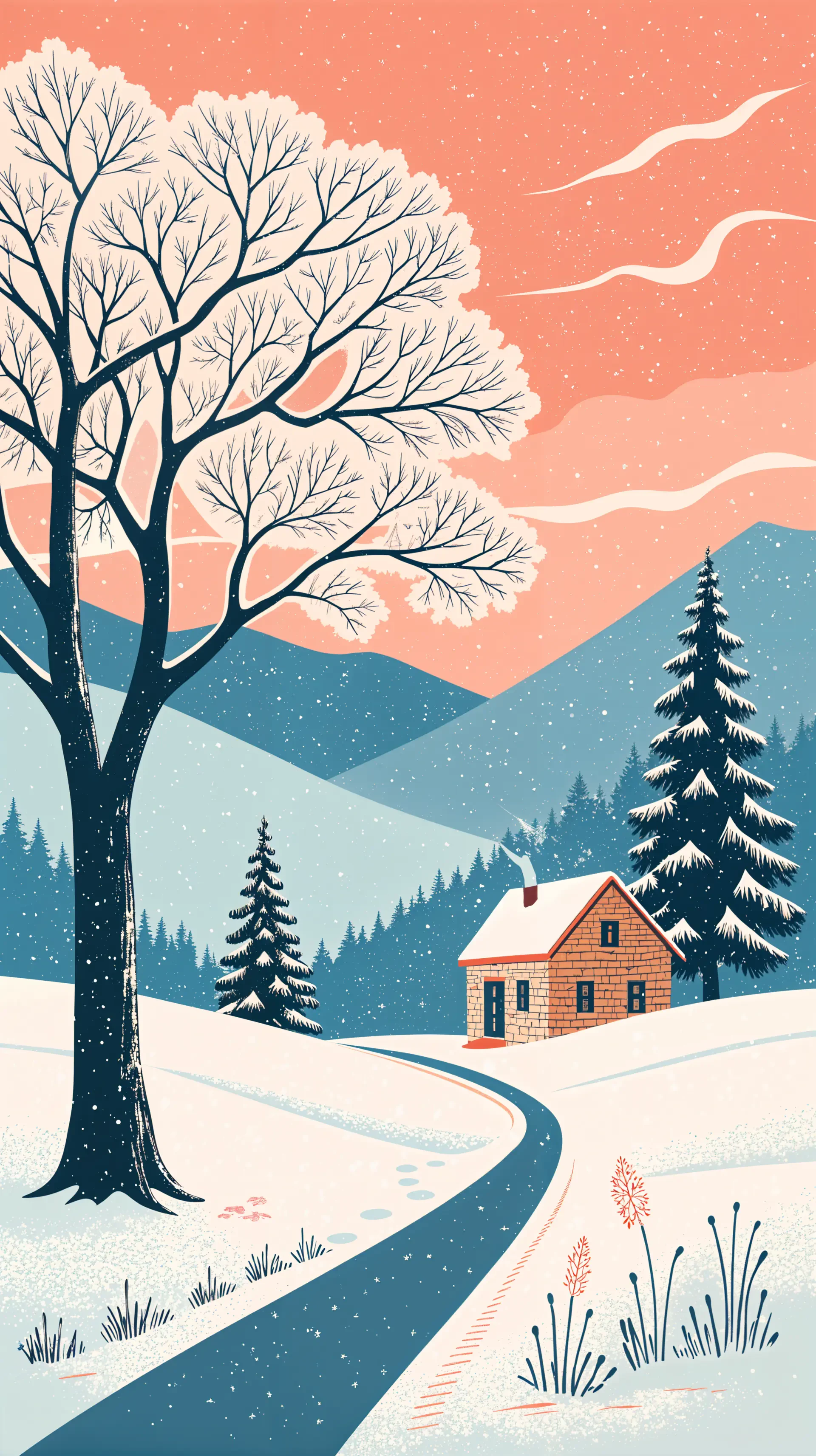 Winter landscape phone wallpaper showing a snowy scene with a cozy house, bare tree, pine trees, and mountains under a soft pink sky, designed for iPhone and Android screens.