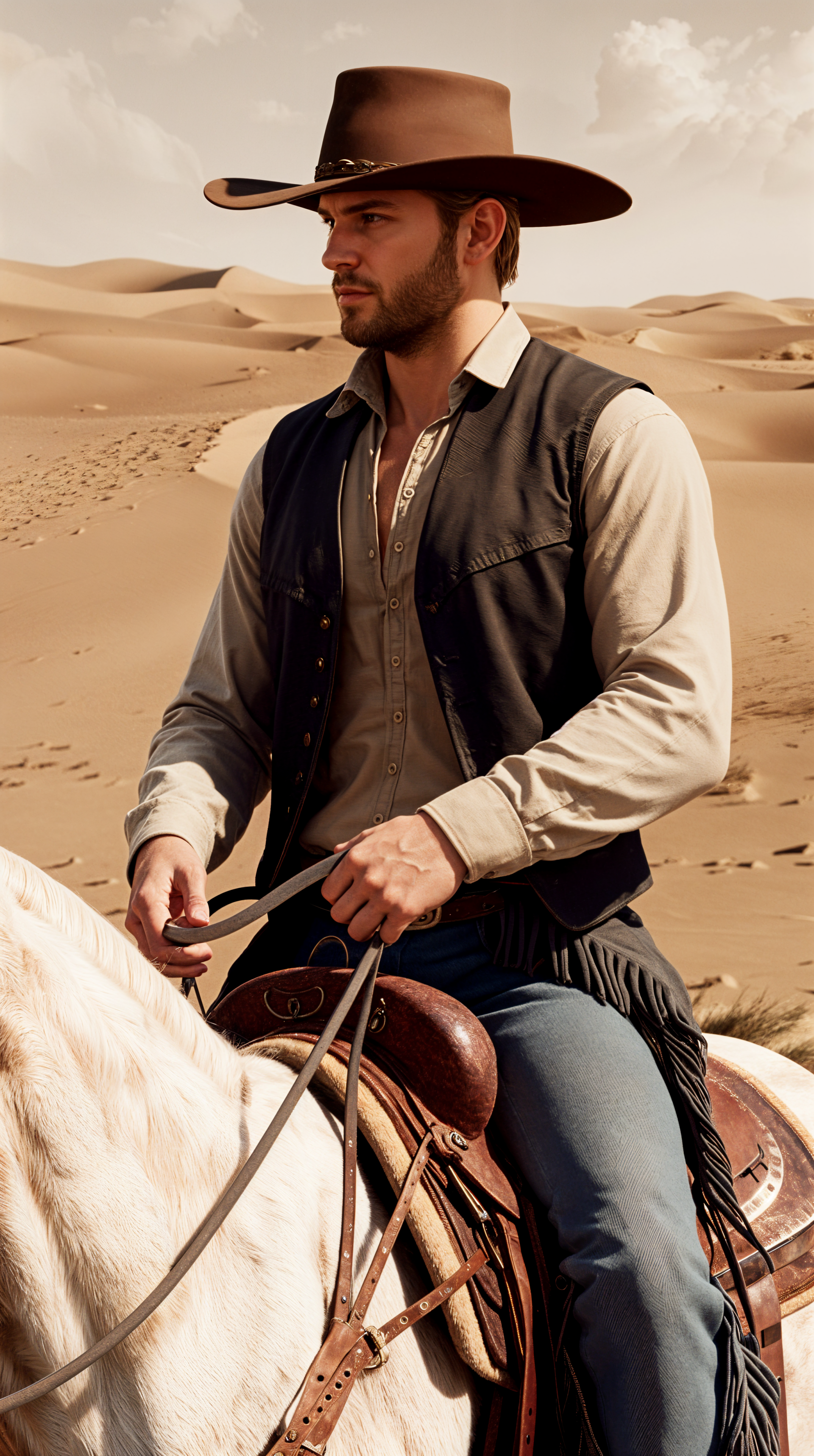 A cowboy on horseback gazes thoughtfully across a vast desert landscape, capturing the essence of the Wild West. This striking image makes an engaging phone wallpaper.