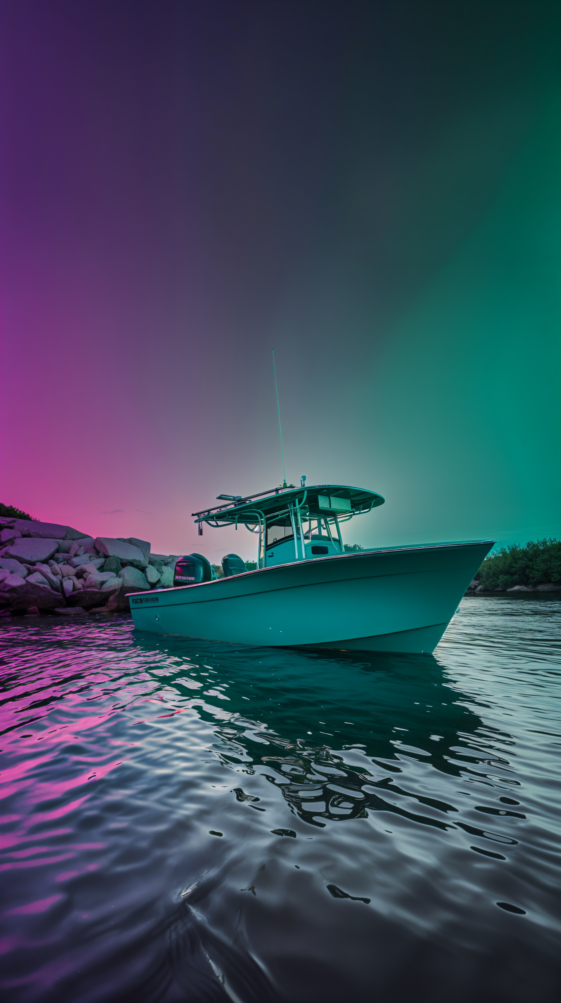 A serene fishing scene featuring a boat calm on reflective waters, illuminated by a vibrant pink and green sky, serving as an engaging phone wallpaper.