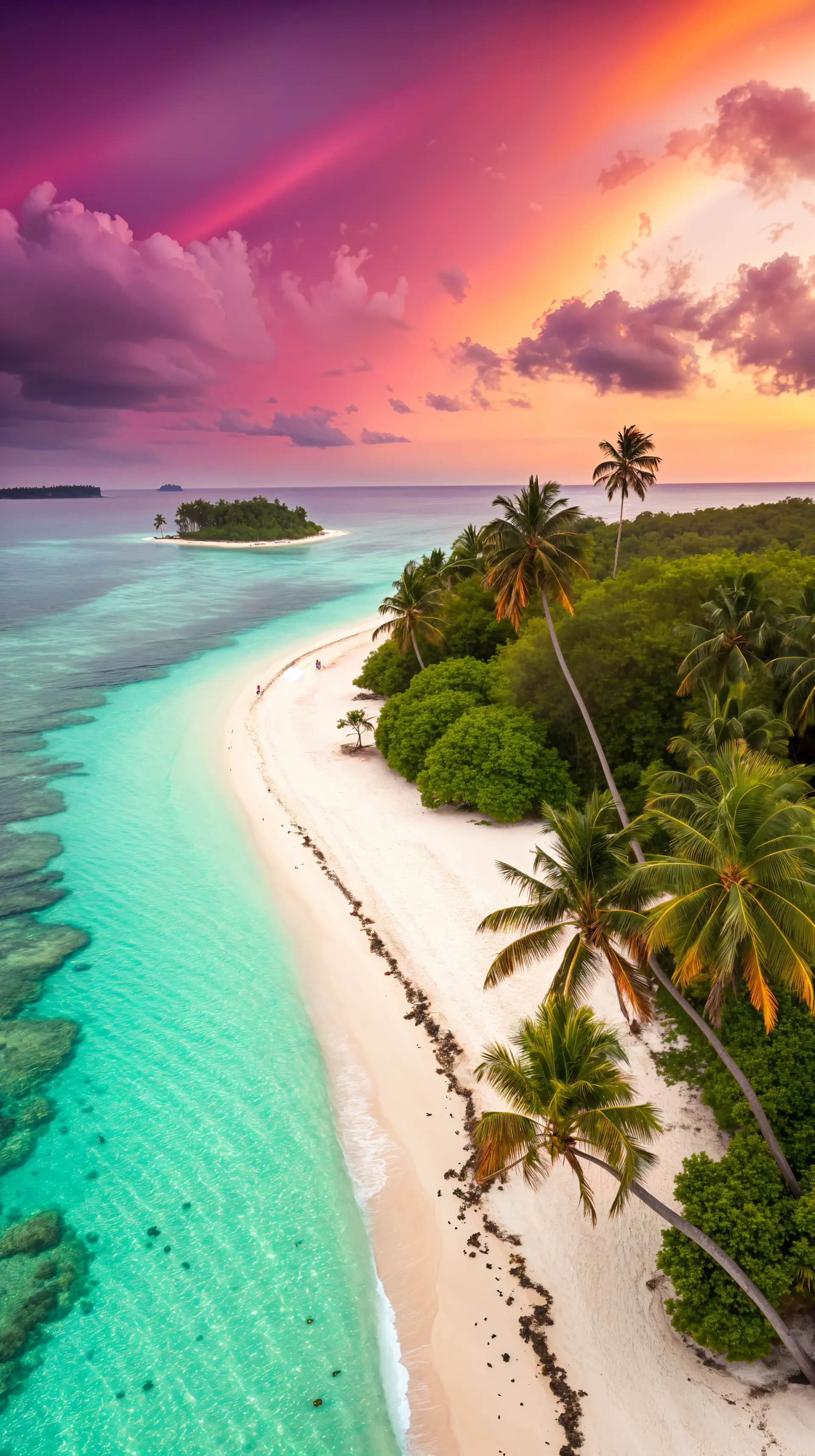Tropical island paradise phone wallpaper showcasing a pristine beach with turquoise waters, lush palm trees, and a vibrant sunset sky, designed for iPhone and Android screens.