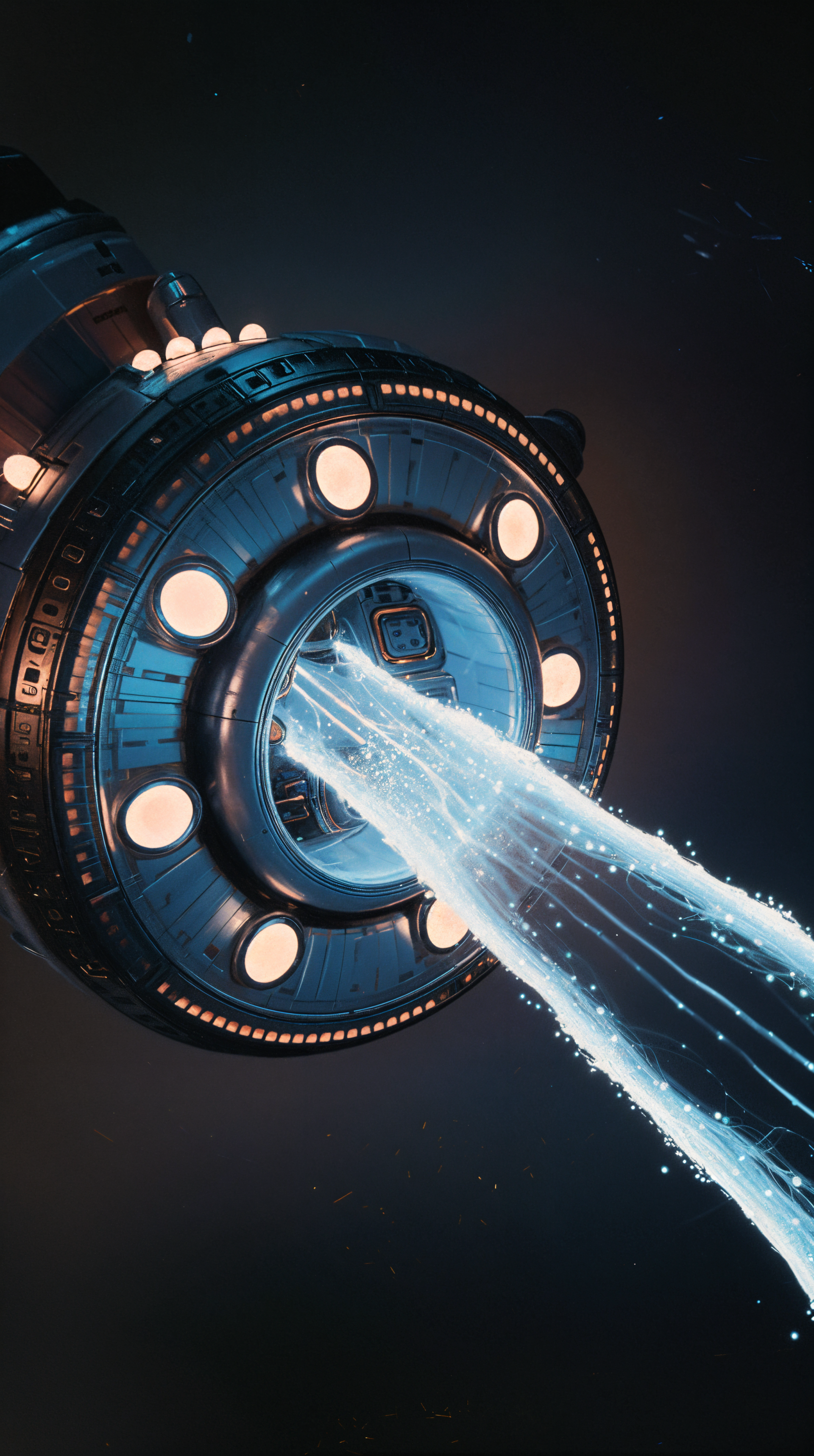 A futuristic spacecraft emits a striking beam of light, reminiscent of a death ray, set against a dark backdrop, designed as an engaging phone wallpaper.