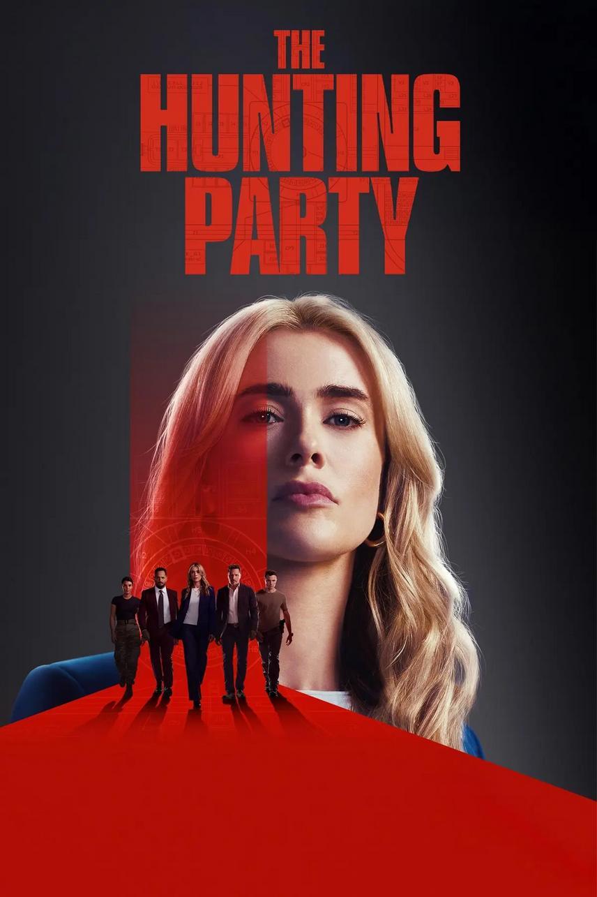 A striking phone wallpaper featuring the title The Hunting Party (2025) with a central character in focus, surrounded by silhouettes, set against a bold red and black background.