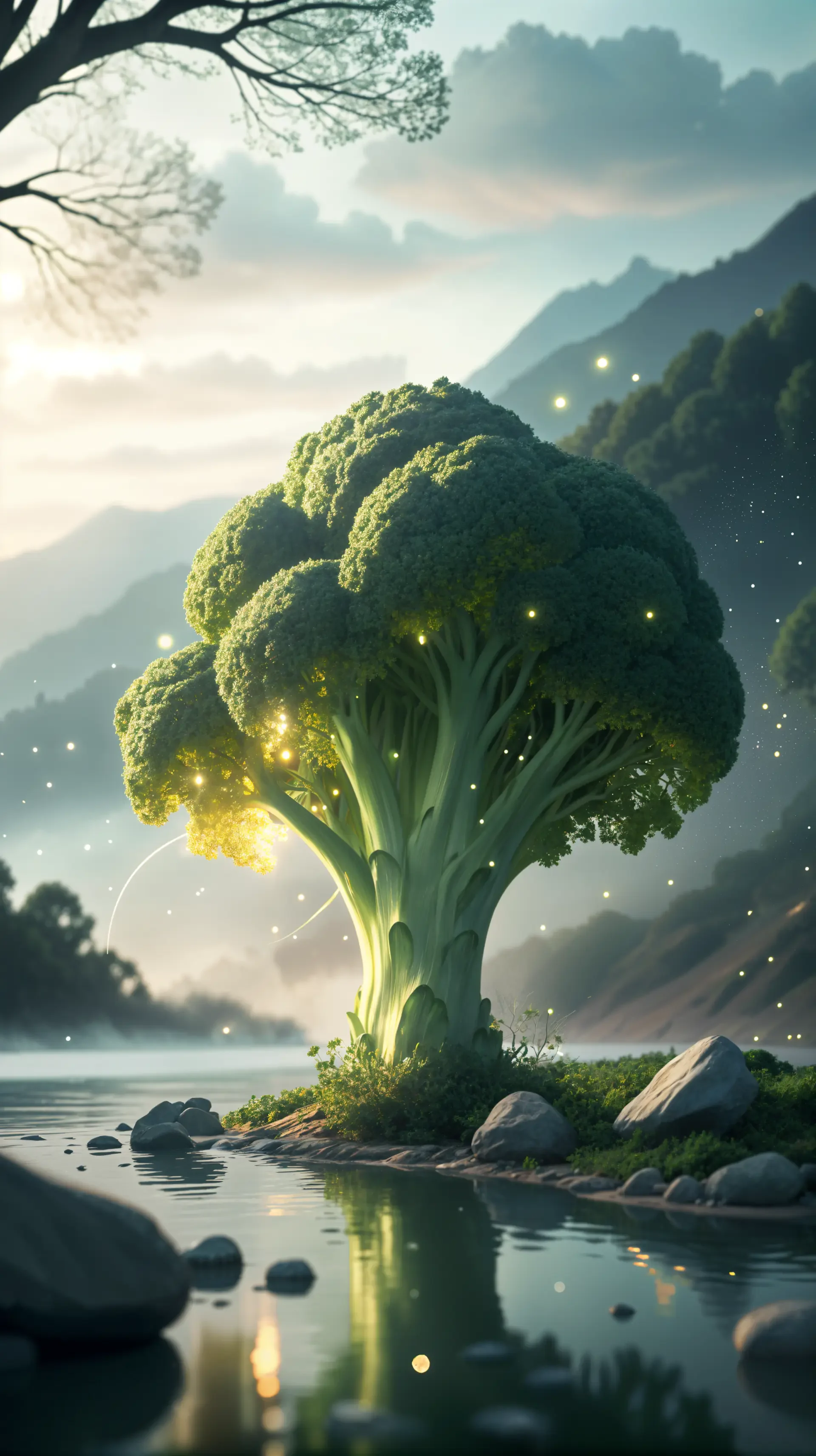 A whimsical phone wallpaper featuring a vibrant broccoli-shaped tree surrounded by a serene landscape, glowing softly by a tranquil body of water.