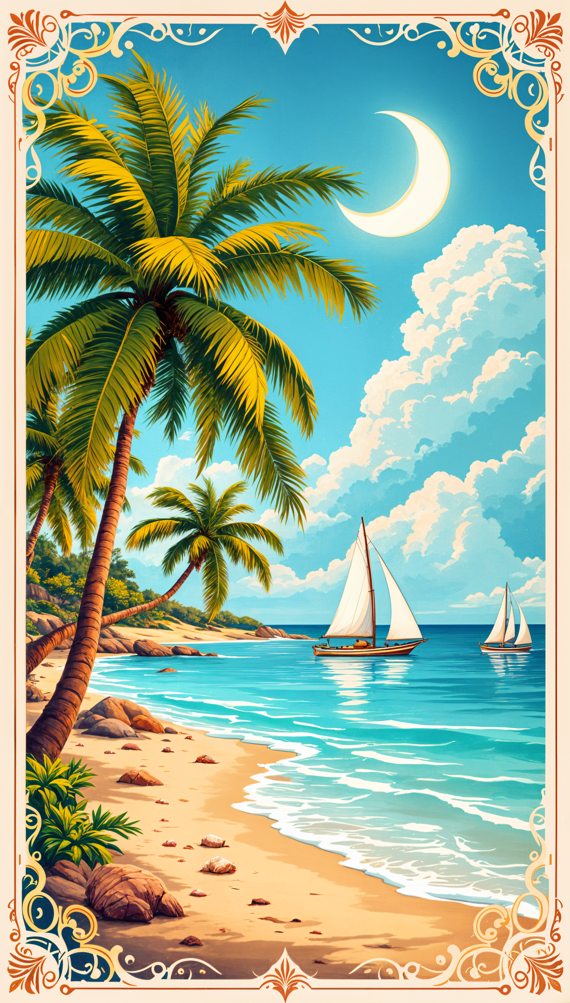 Phone wallpaper showing a tropical island beach with palm trees, gentle ocean waves, sailboats, and a crescent moon under a bright blue sky, framed with an ornate decorative border.