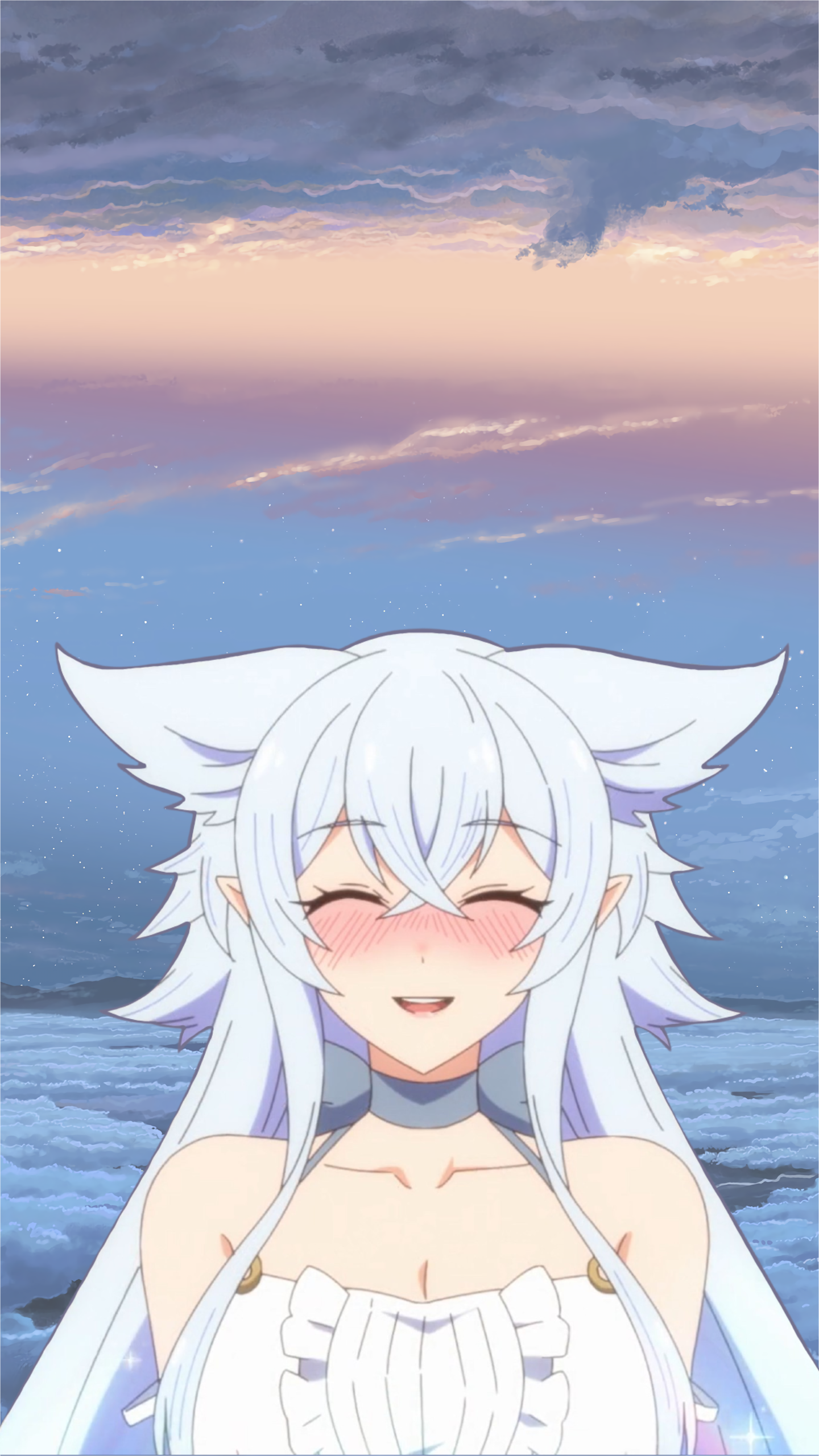 Phone wallpaper of Fenrys, the wolf girl from Chillin' in Another World with Level 2 Super Cheat Powers, smiling gently against a soft sunset sky for iPhone and Android.