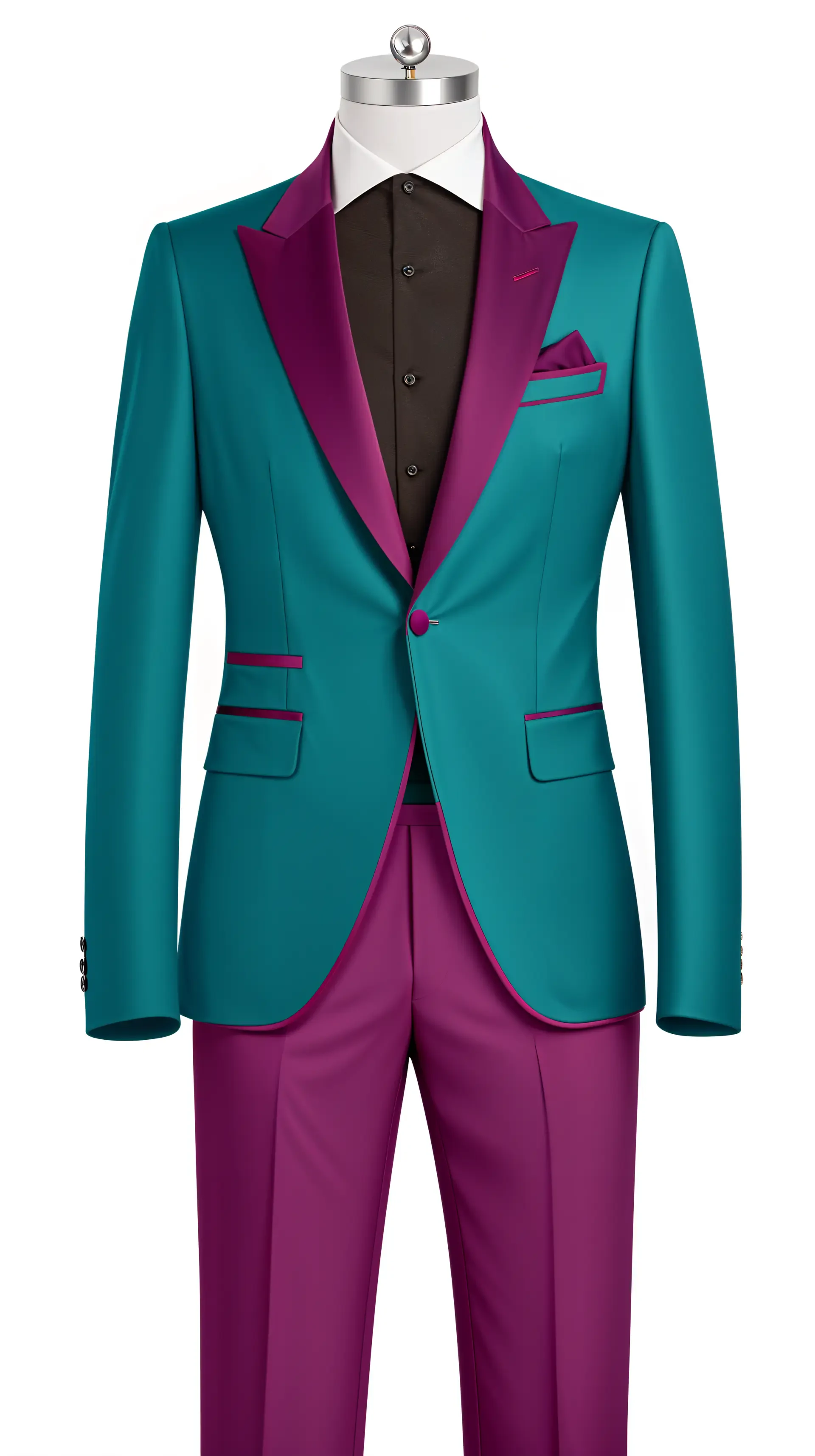 A vibrant teal and purple suit displayed on a mannequin, showcasing a sleek design with contrasting details, set against a clean background for use as a stylish phone wallpaper.