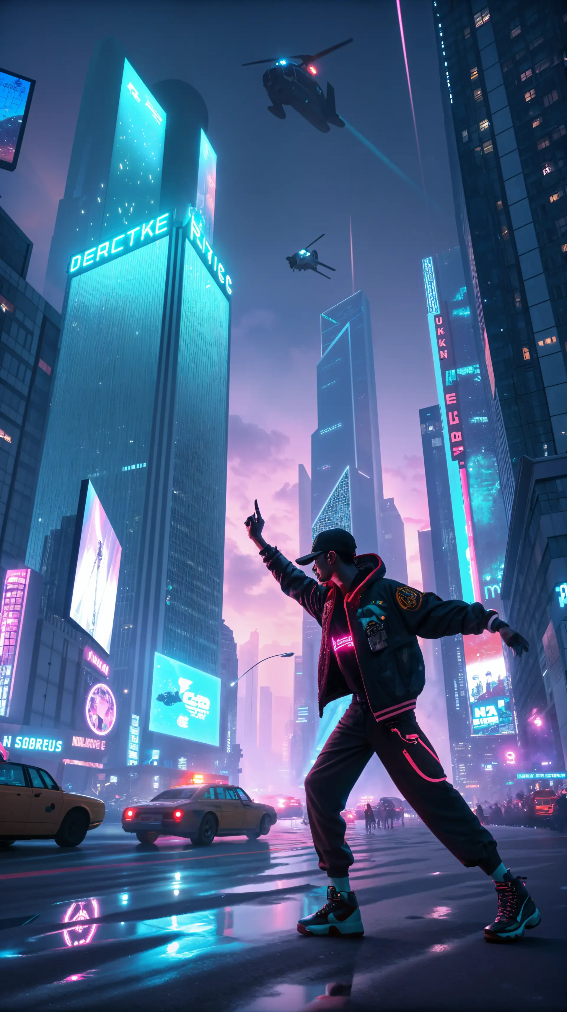 A vibrant urban scene captures a hip hop dancer striking a pose under neon lights, with skyscrapers and helicopters in the background, making it a striking phone wallpaper.
