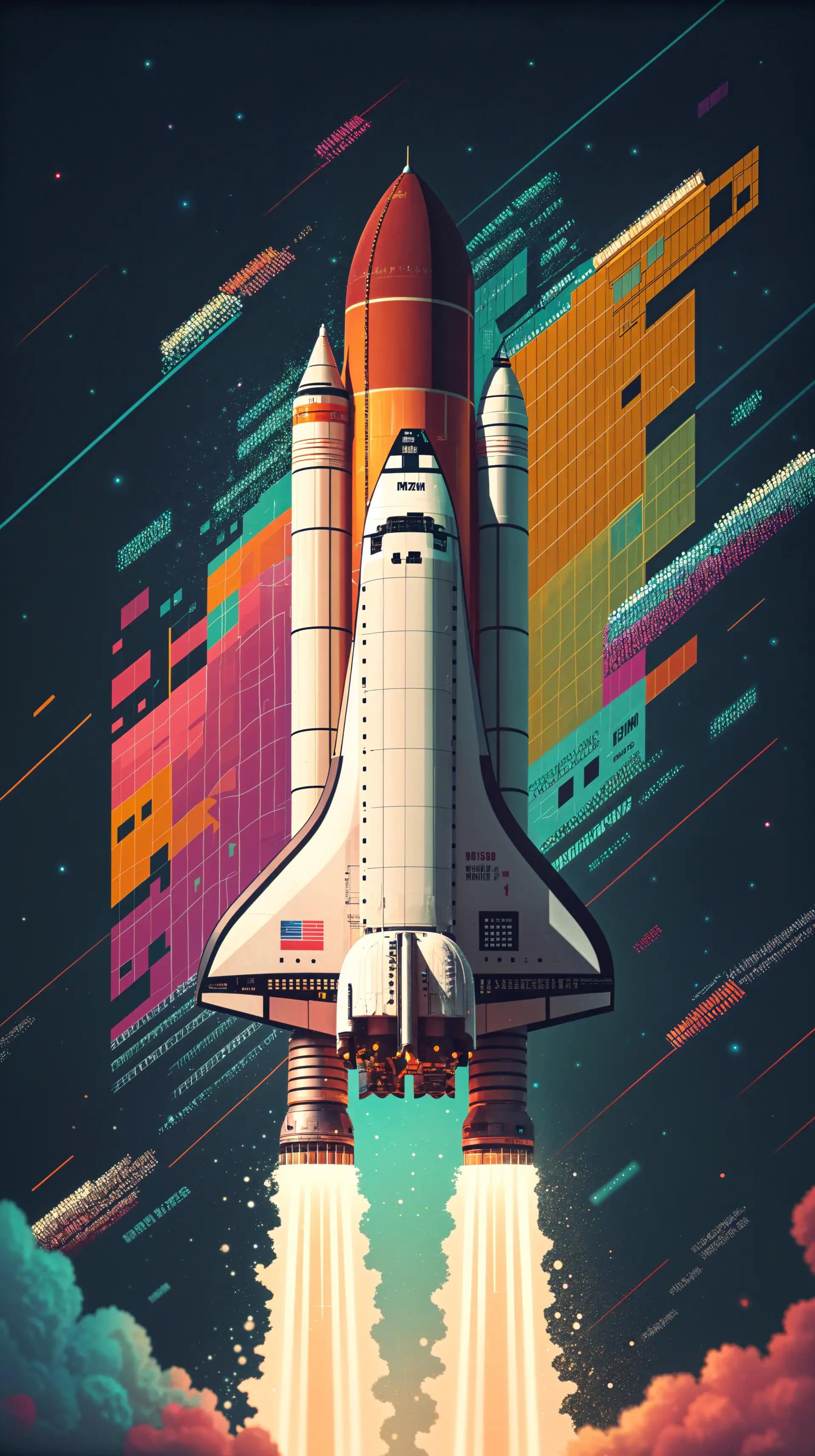 A vibrant illustration of a spacecraft launching, surrounded by colorful geometric patterns, designed to enhance a phone wallpaper.