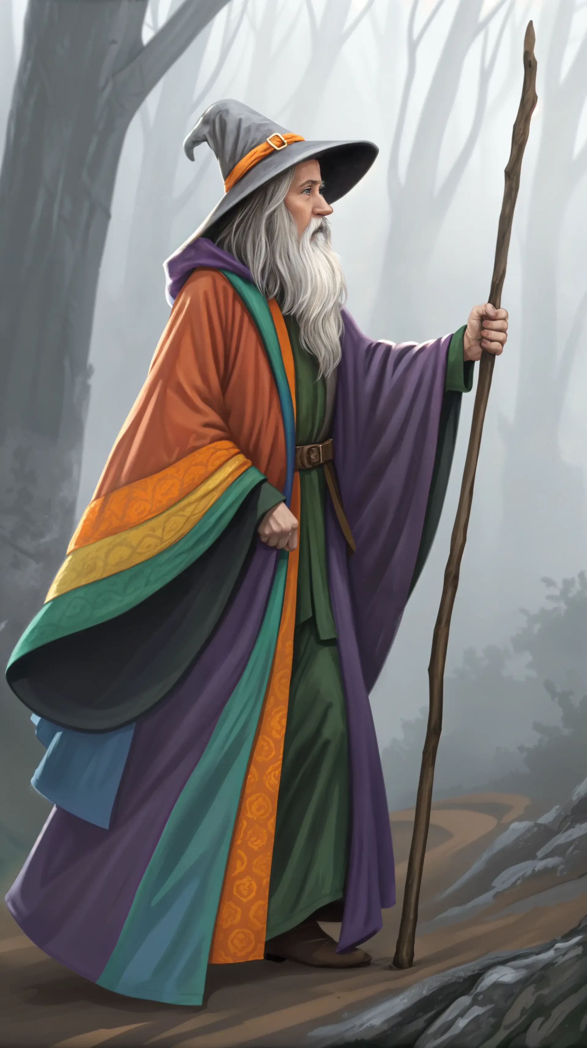 A mystical wizard in a colorful cloak and pointed hat stands on a forest path, holding a staff. This enchanting image is designed as a phone wallpaper featuring Gandalf.