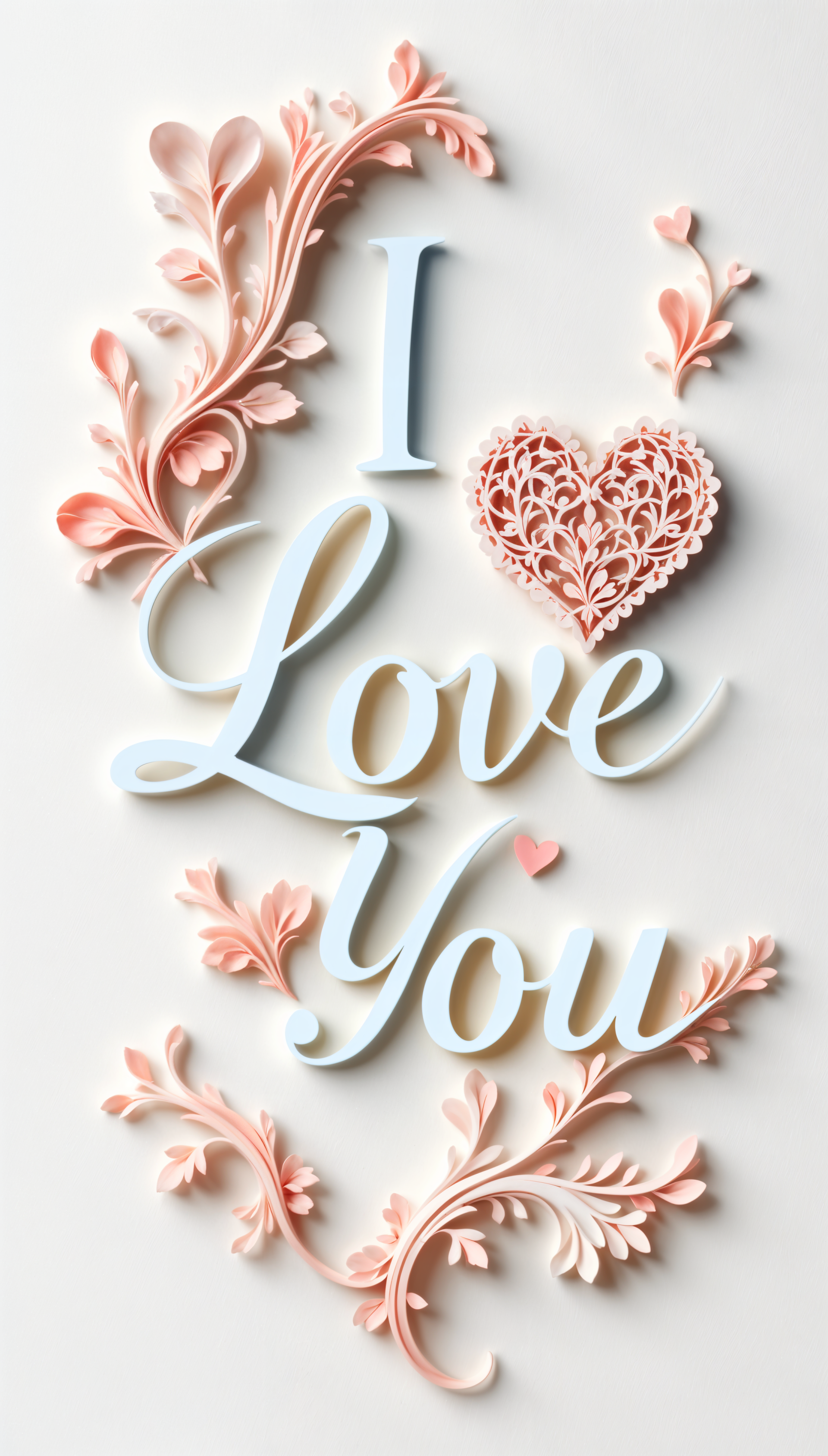 A decorative phone wallpaper featuring the phrase I Love You in elegant typography, enhanced with intricate floral designs in soft pink and white hues.