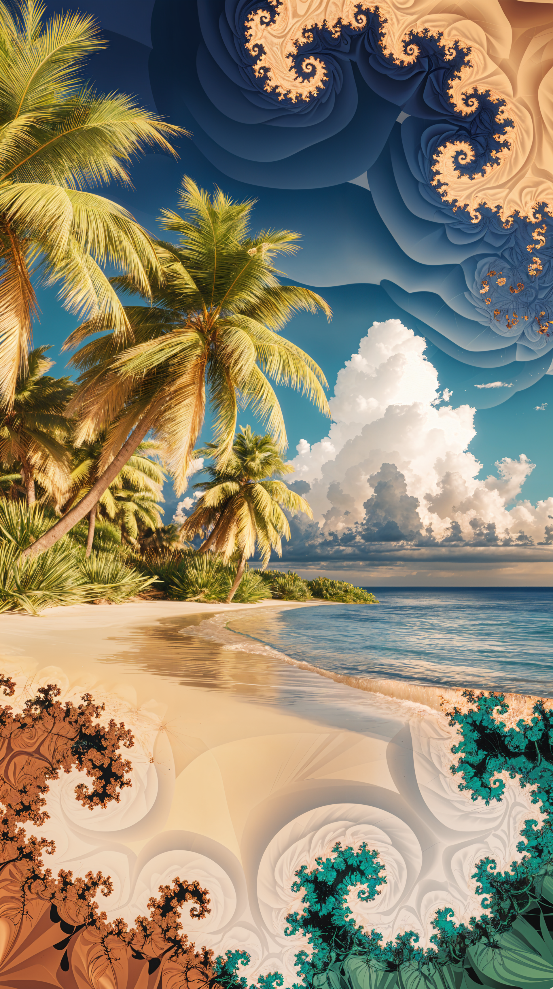 A vibrant summer vibes wallpaper featuring palm trees, a serene beach, and a stunning sky with clouds, blending natural beauty and artistic fronds in a colorful design.