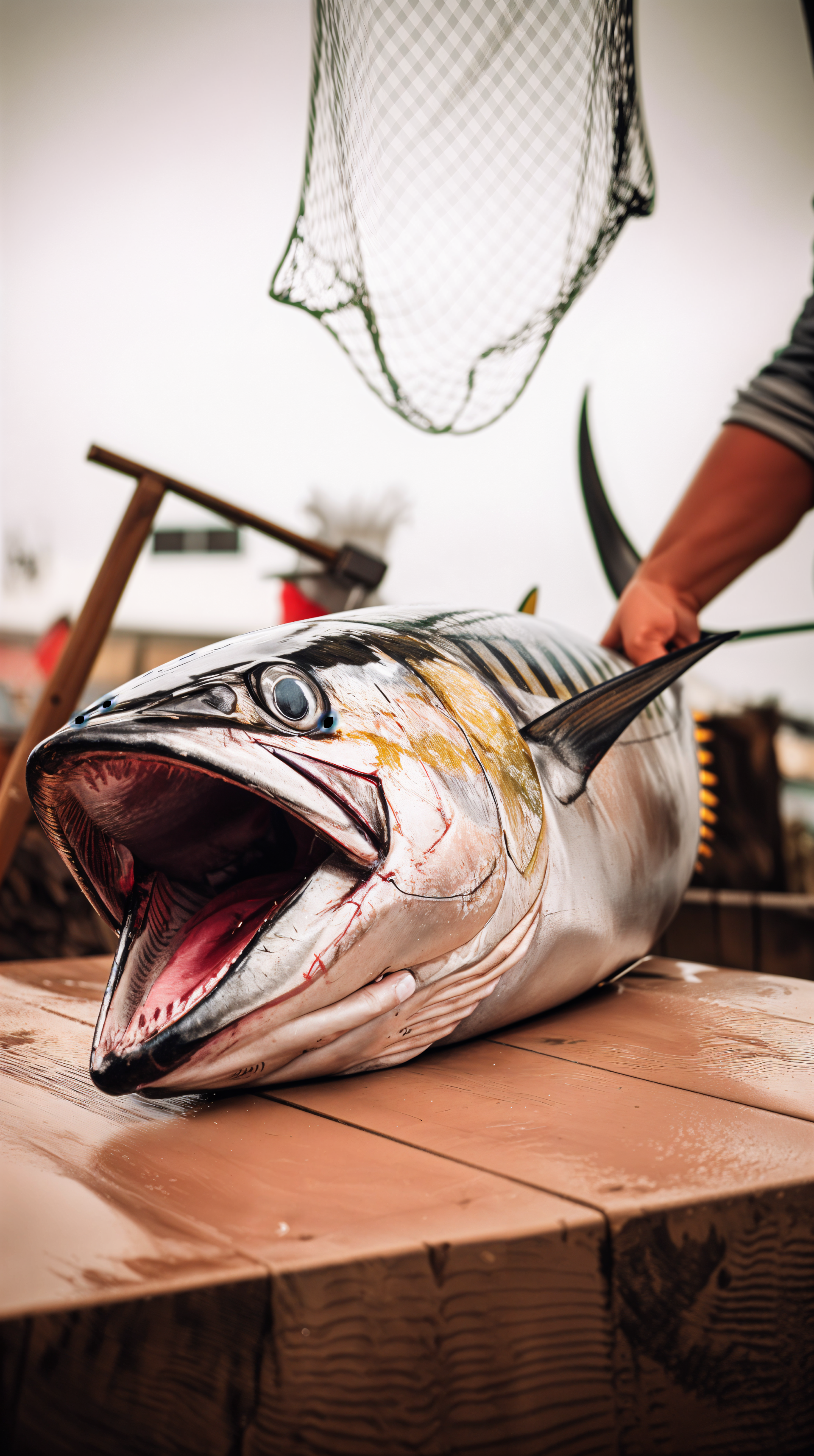 A vibrant tuna rests on a wooden surface, mouth open and glistening. A hand reaches out, adding a dynamic touch to this engaging phone wallpaper.