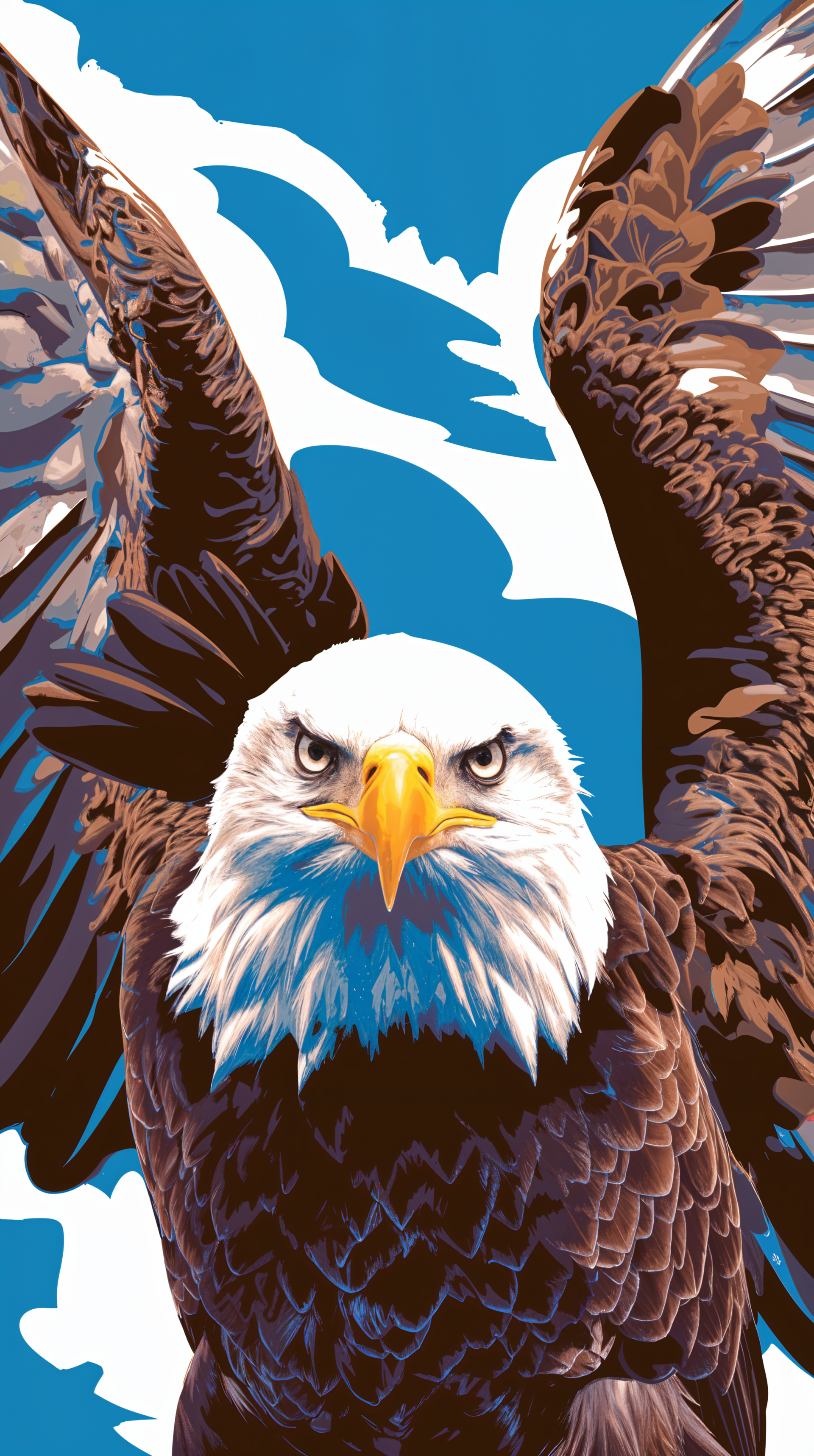 A majestic bald eagle with outstretched wings, set against a vibrant blue background with white clouds, designed as a striking phone wallpaper.