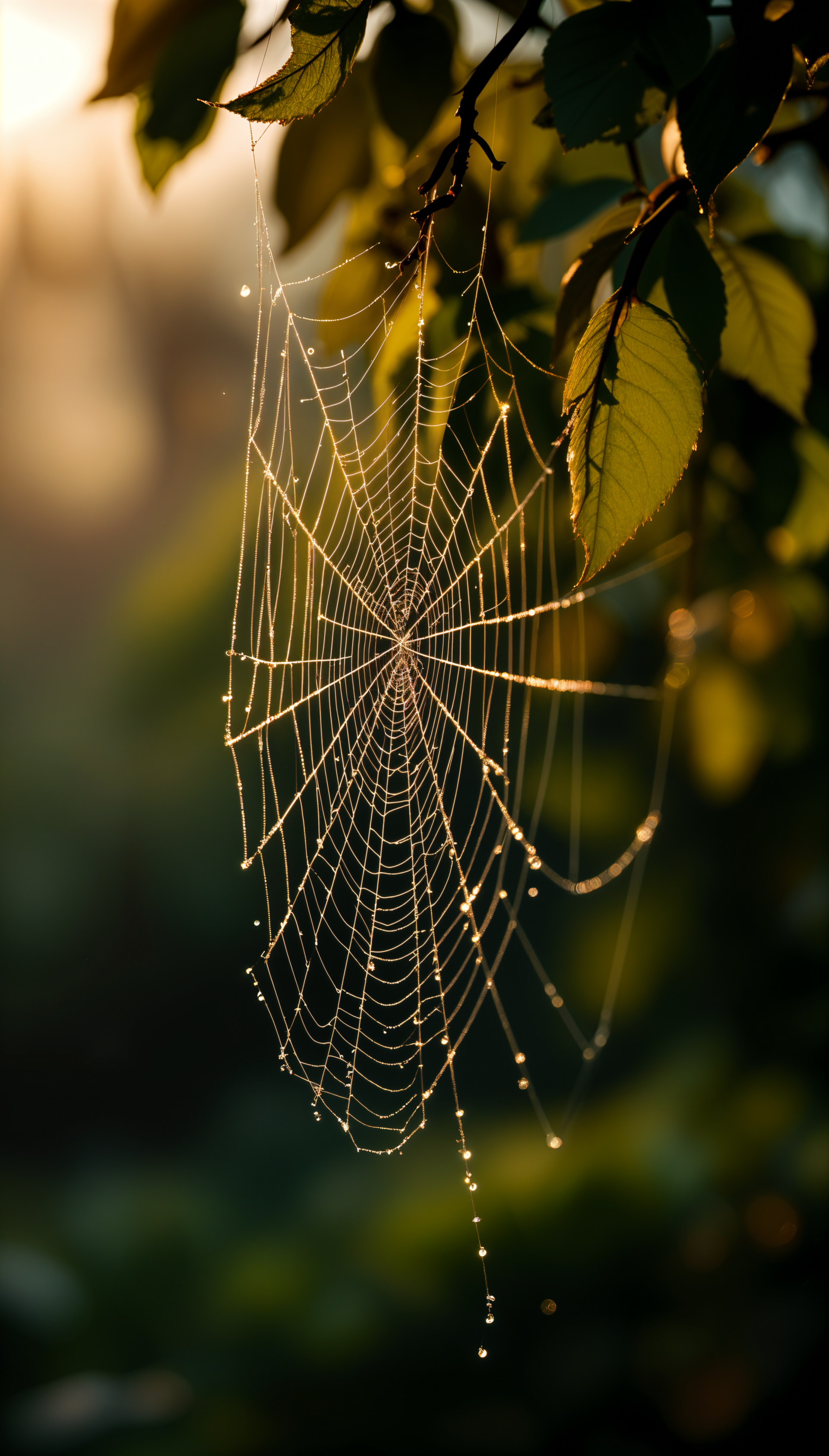 An intricate spider web glistens with droplets of dew, suspended between green leaves and softly illuminated by the warm sunlight, creating a serene phone wallpaper.