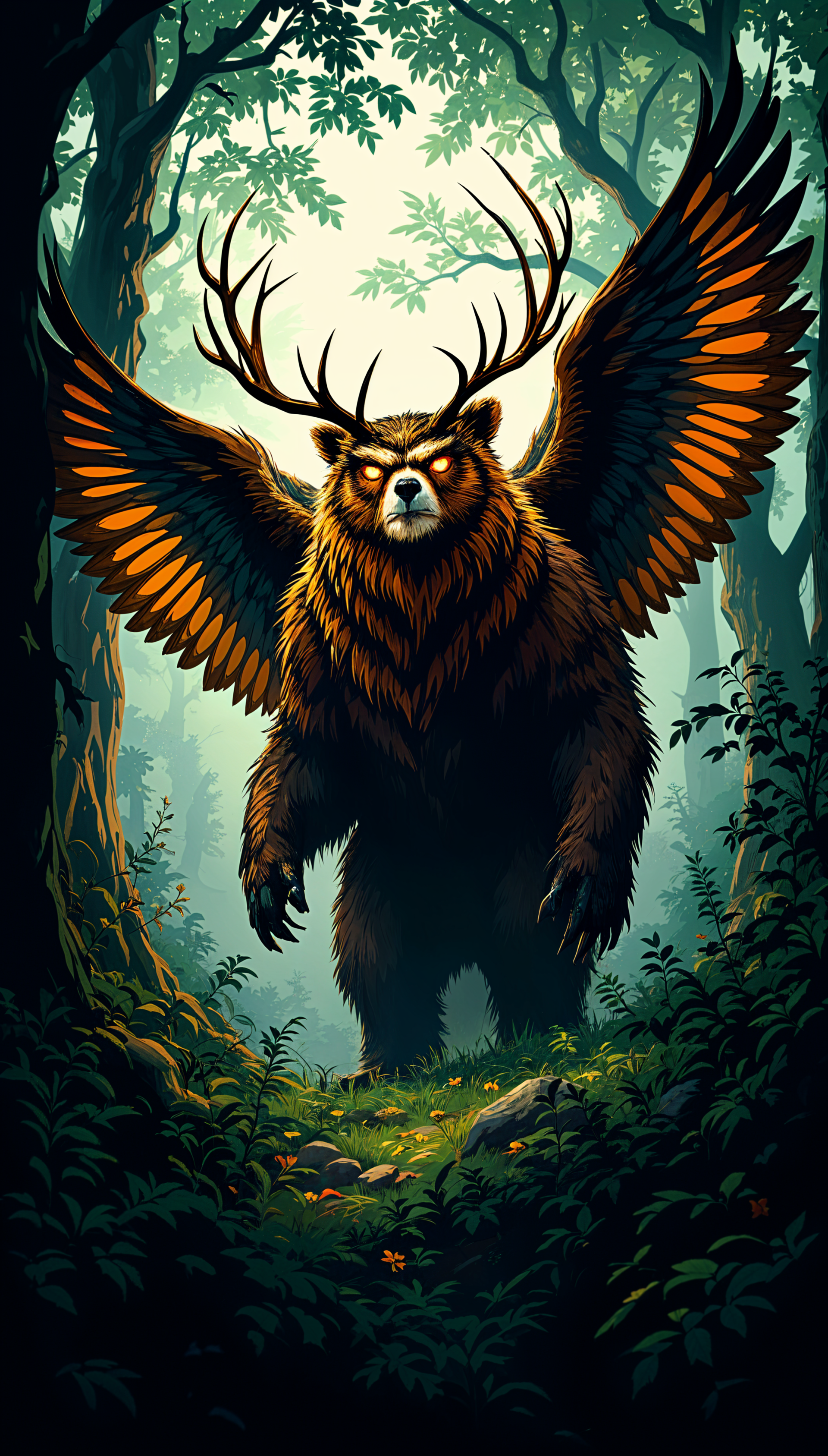 A mystical woodland creature featuring a bear with majestic wings, standing in a lush forest backdrop. This captivating design works well as a phone wallpaper.