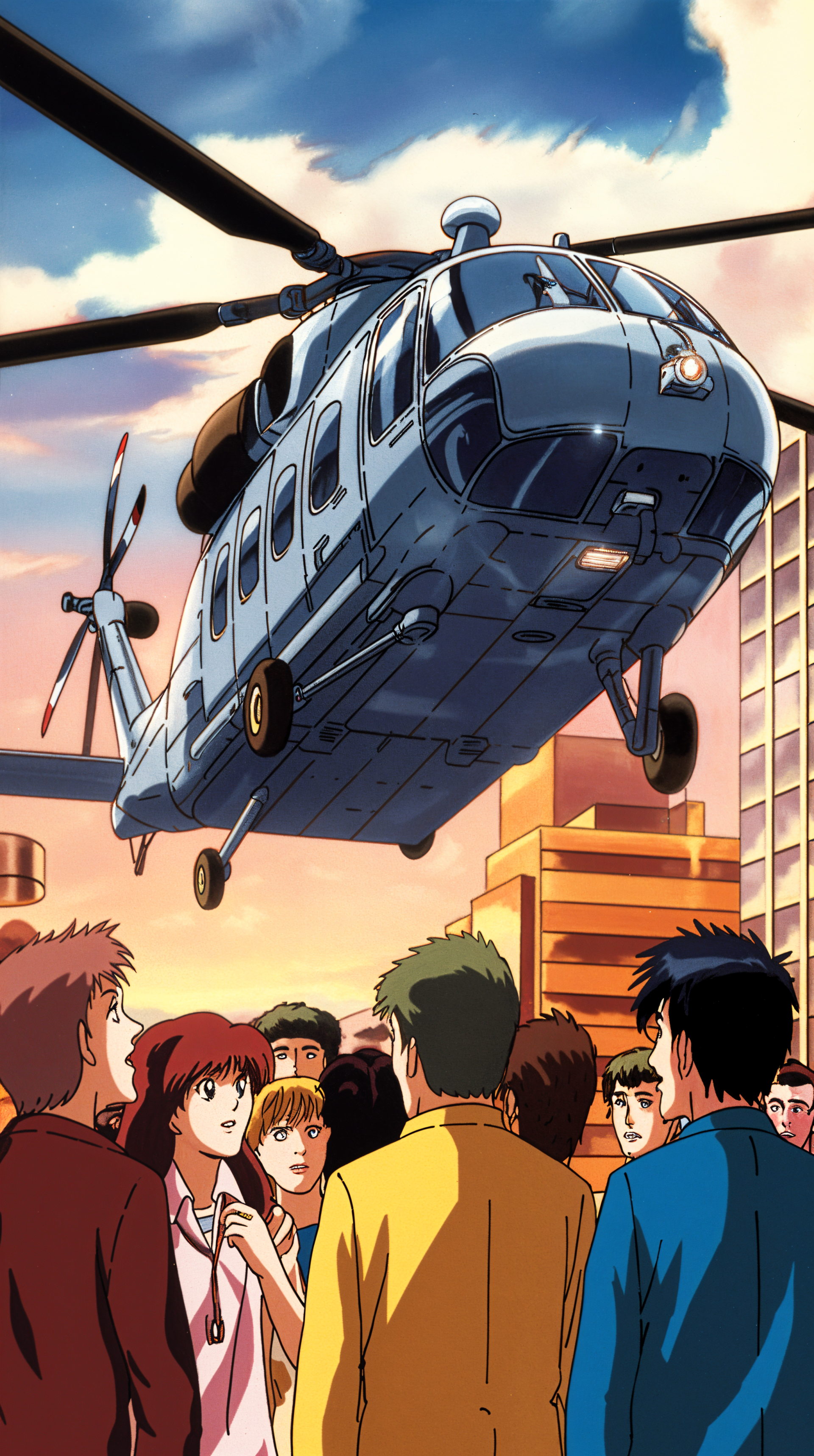 A helicopter hovers above a crowd of diverse characters, set against a vibrant sunset backdrop, creating an engaging phone wallpaper design.