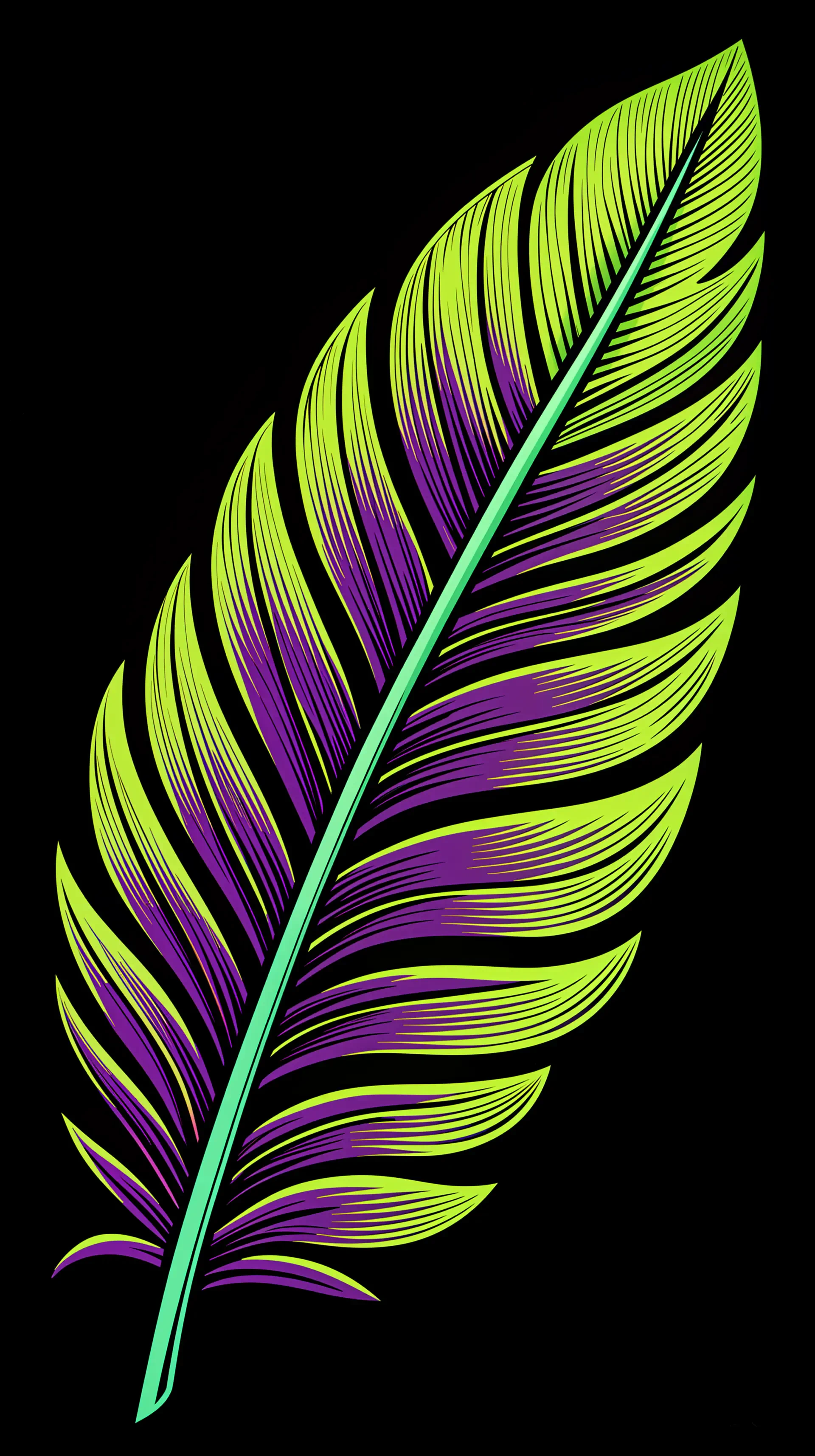 A vibrant palm leaf in shades of green and purple against a black background, designed as a striking phone wallpaper.