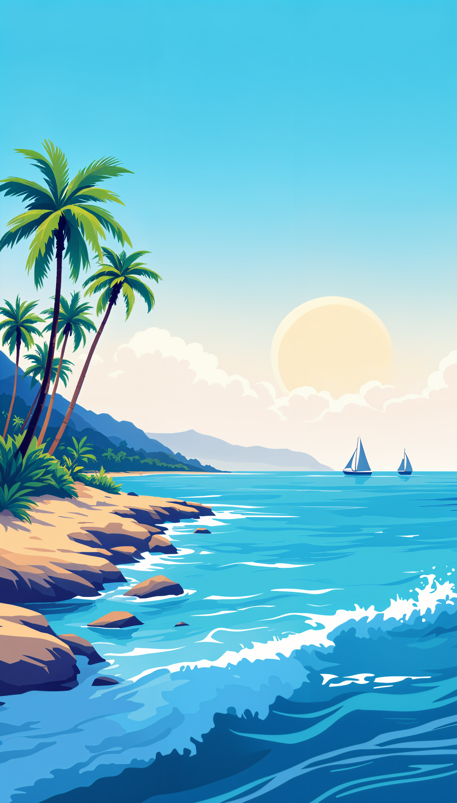 A vibrant beach scene featuring palm trees, calm waves, and distant sailboats under a bright sun, creating a serene backdrop for a phone wallpaper.