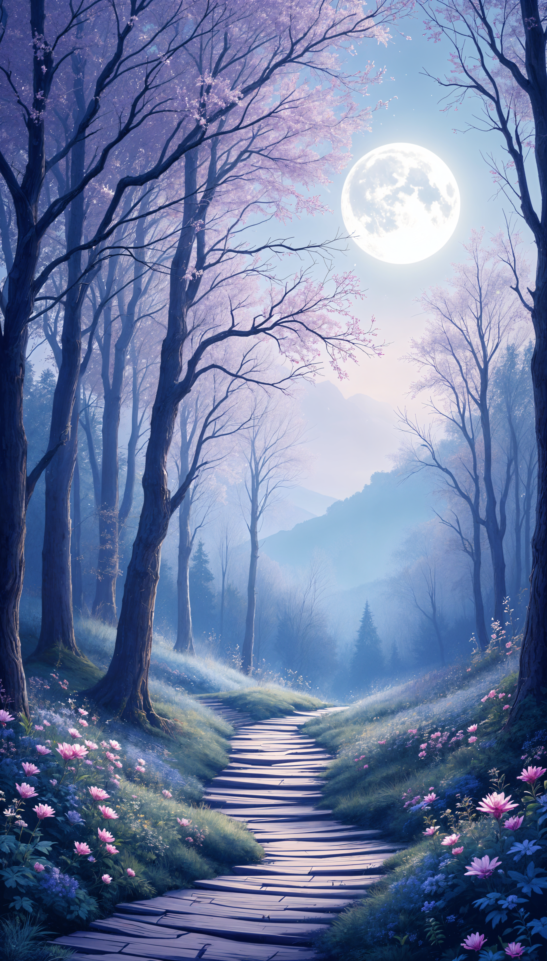 Phone wallpaper showing a moonlit forest path with blooming flowers under a glowing full moon, designed to fit iPhone and Android displays.