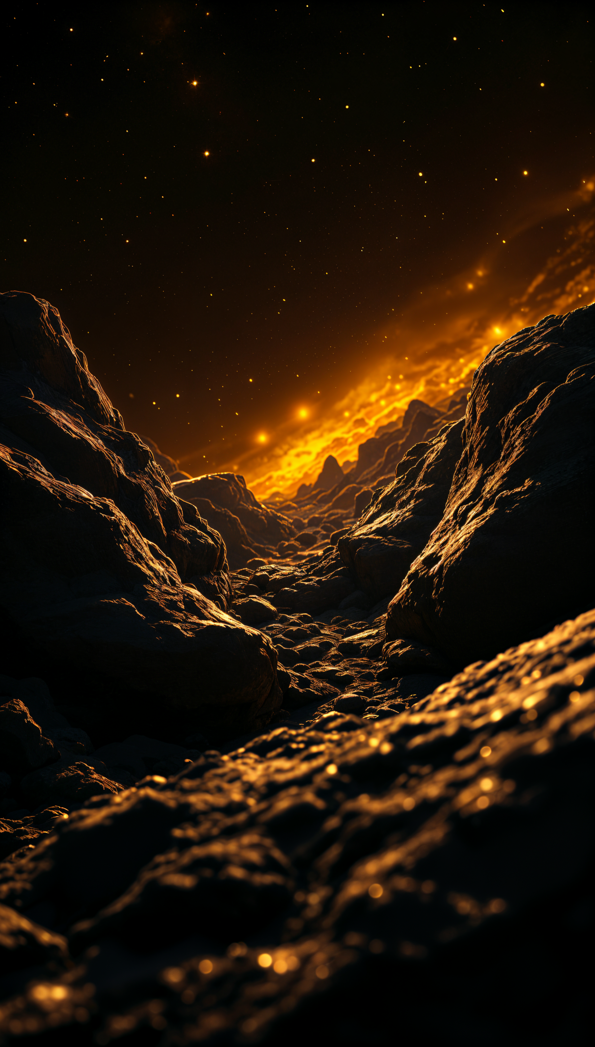A mesmerizing view of an asteroid belt, featuring rocky terrain illuminated by a warm glow against a starry backdrop, creating an otherworldly atmosphere for your phone wallpaper.