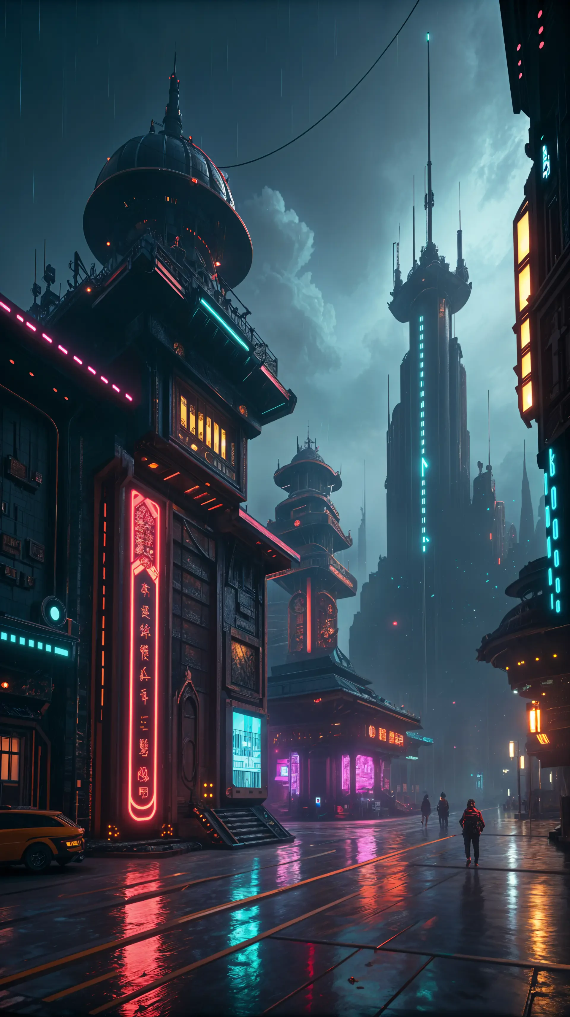 A vibrant maximalist phone wallpaper featuring a futuristic cityscape with neon lights, towering structures, and a moody, atmospheric sky reflected on wet streets.