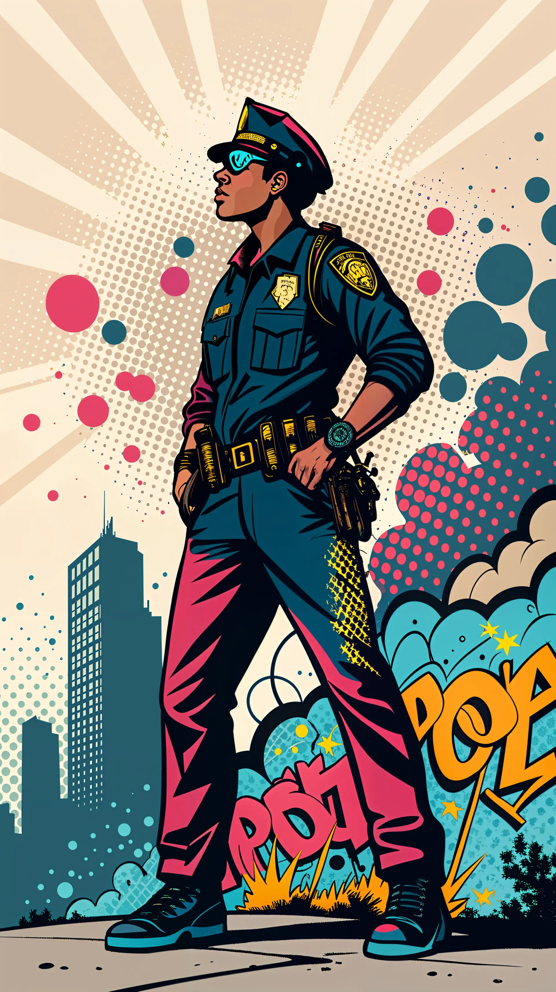 Pop art graphic design of a confident police officer standing in an urban landscape with colorful comic-style explosions, designed as a vibrant phone wallpaper for iPhones and Android.