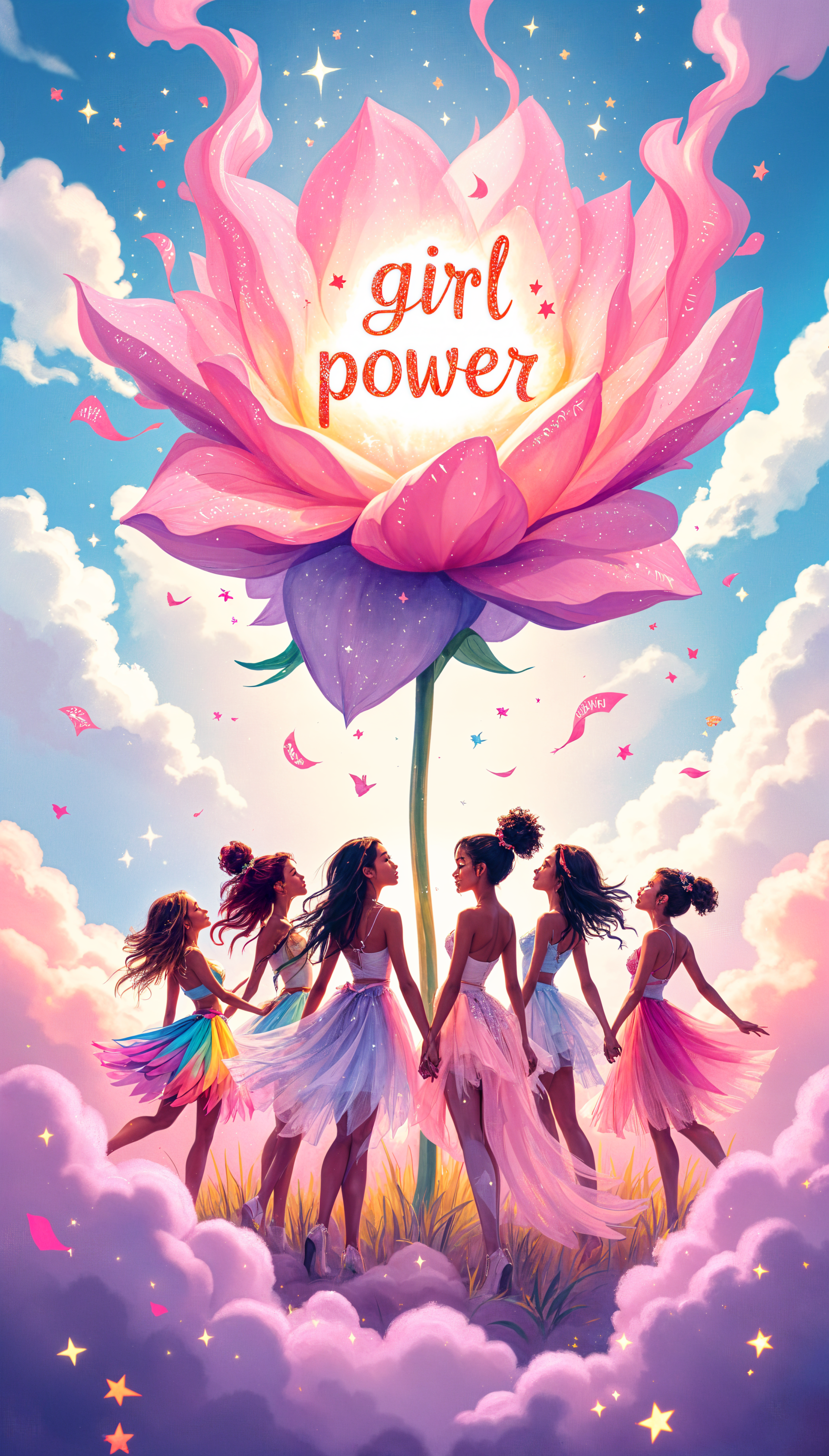A vibrant phone wallpaper featuring six girls holding hands beneath a large, blossoming flower, showcasing a theme of girl power against a colorful, dreamy background.