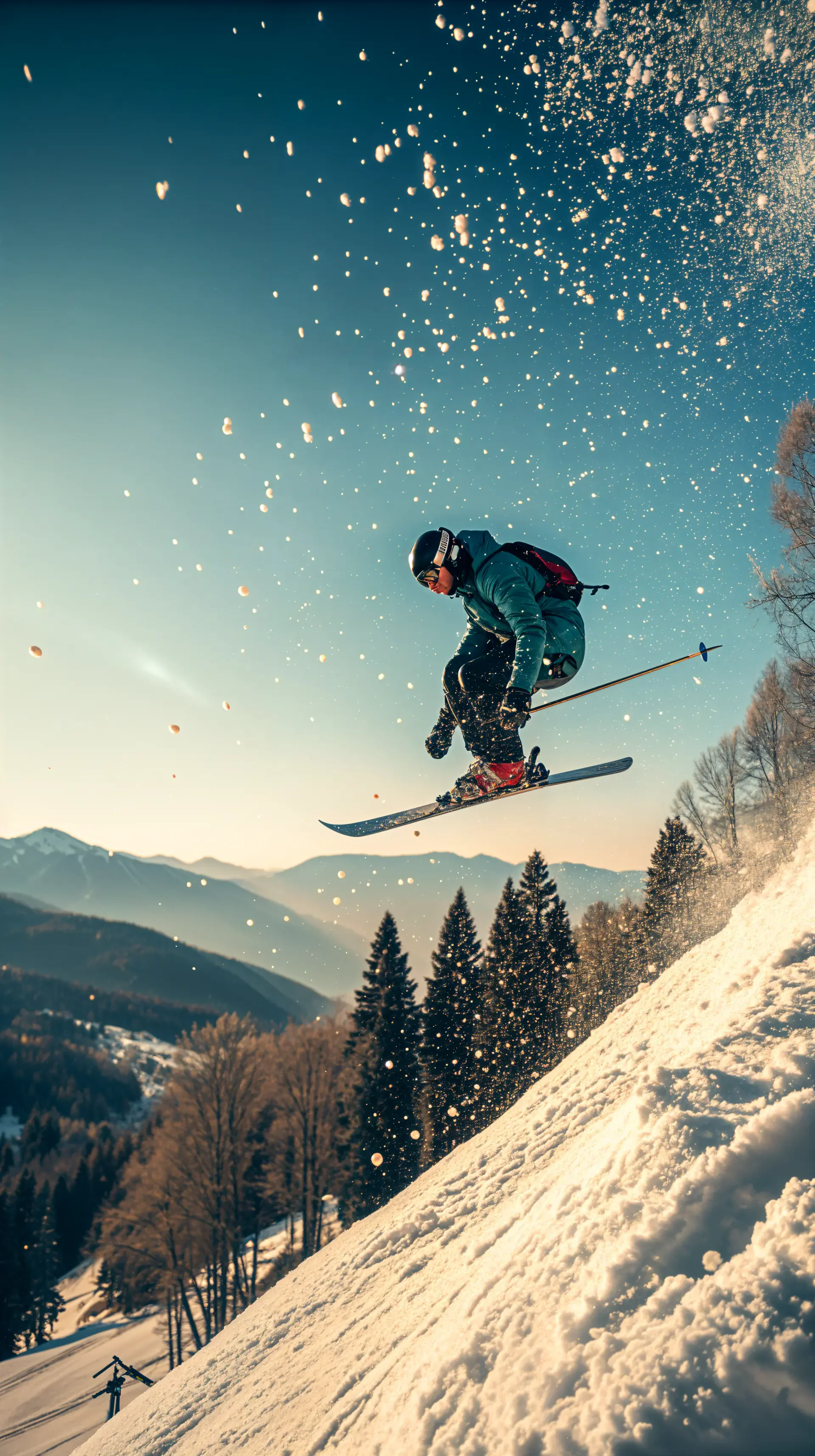 A skier performs a jump, kicking up snow, with a breathtaking mountain landscape in the background. This vibrant scene makes for an inspiring ski-themed phone wallpaper.
