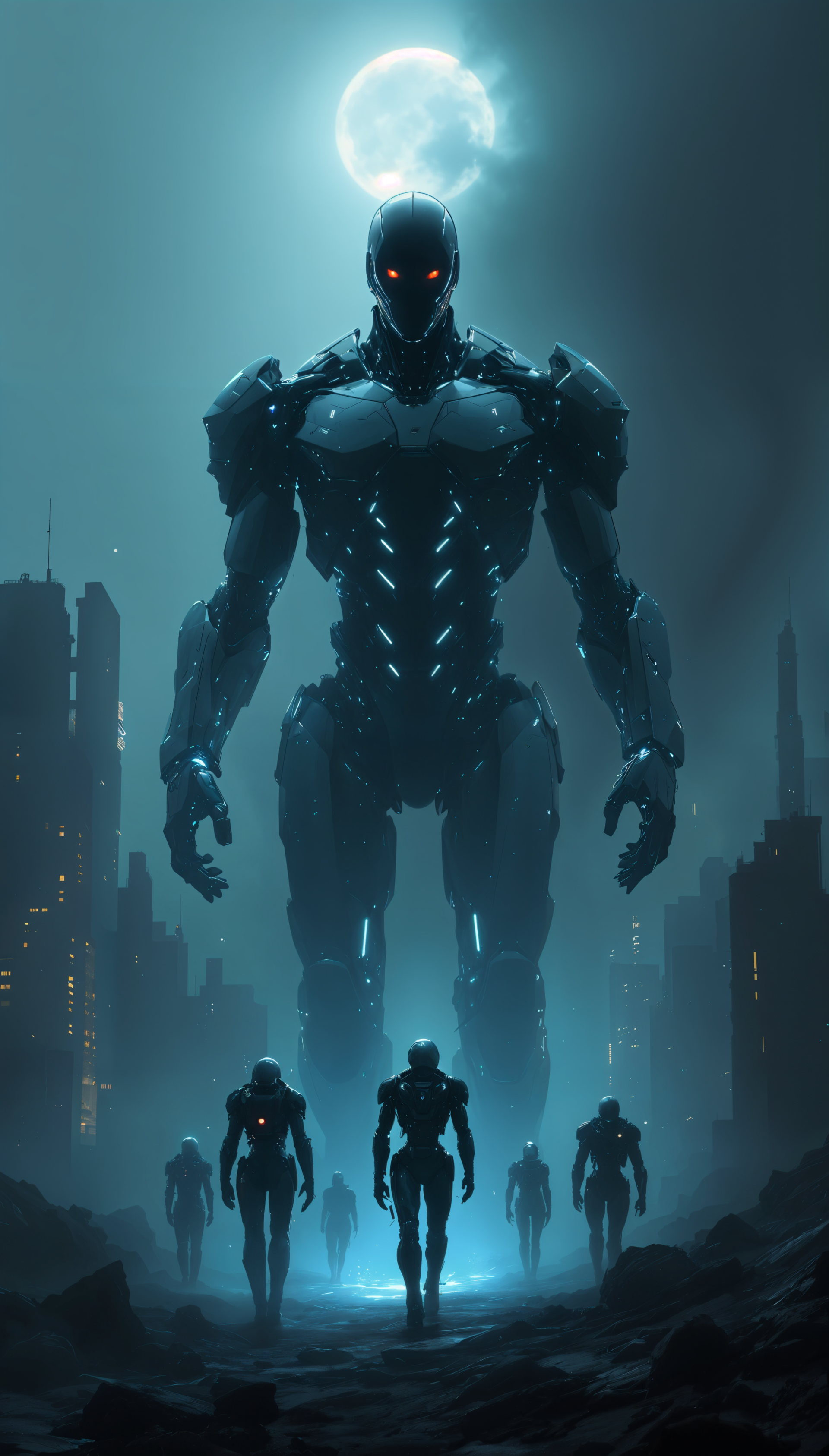 A dramatic phone wallpaper depicting a towering robot with glowing eyes, surrounded by smaller androids, set against a futuristic cityscape and a moonlit sky, embodying an AI uprising.