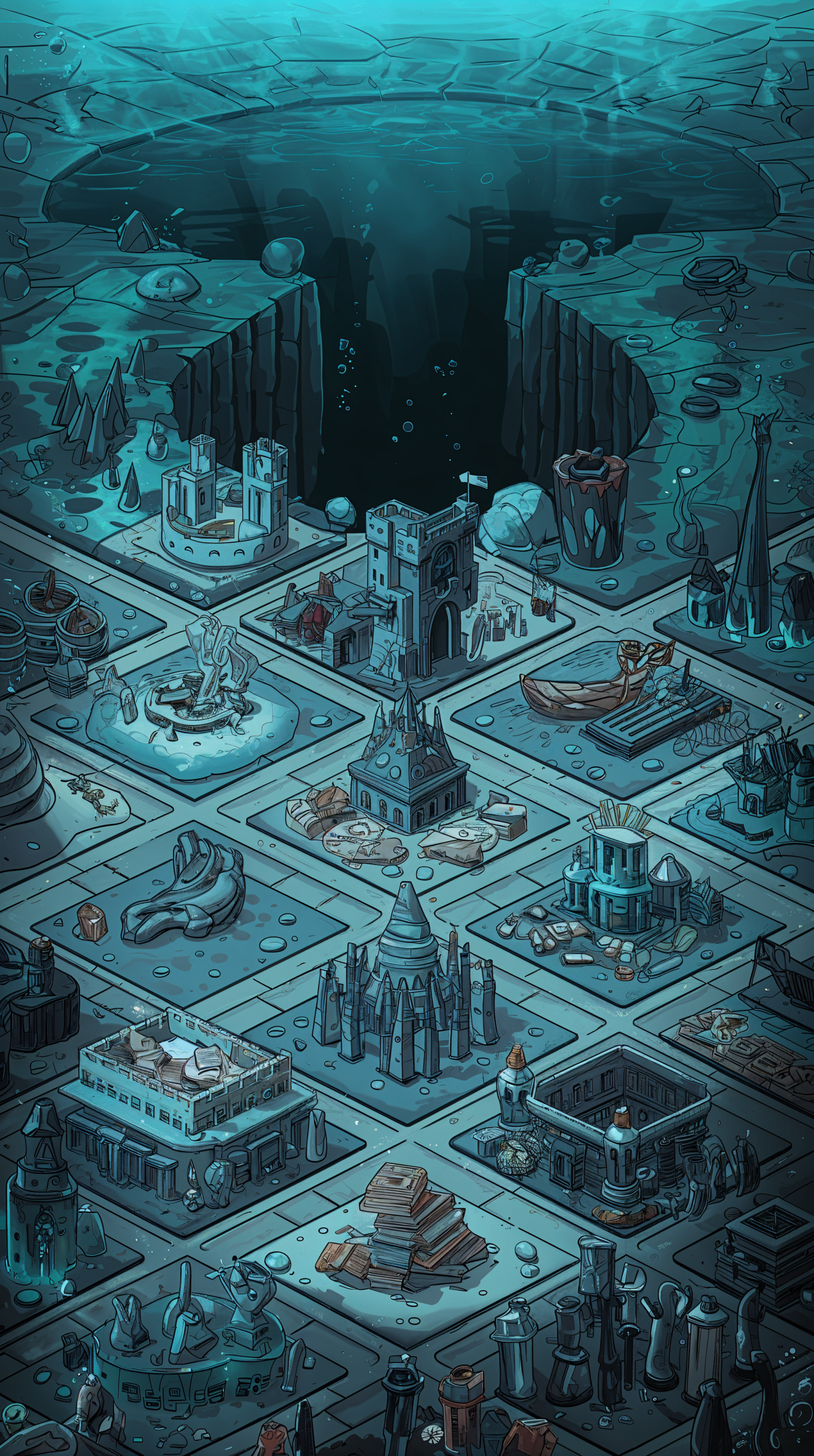 A detailed illustration of an underwater city, featuring intricate structures, monuments, and aquatic elements, designed as a captivating phone wallpaper.