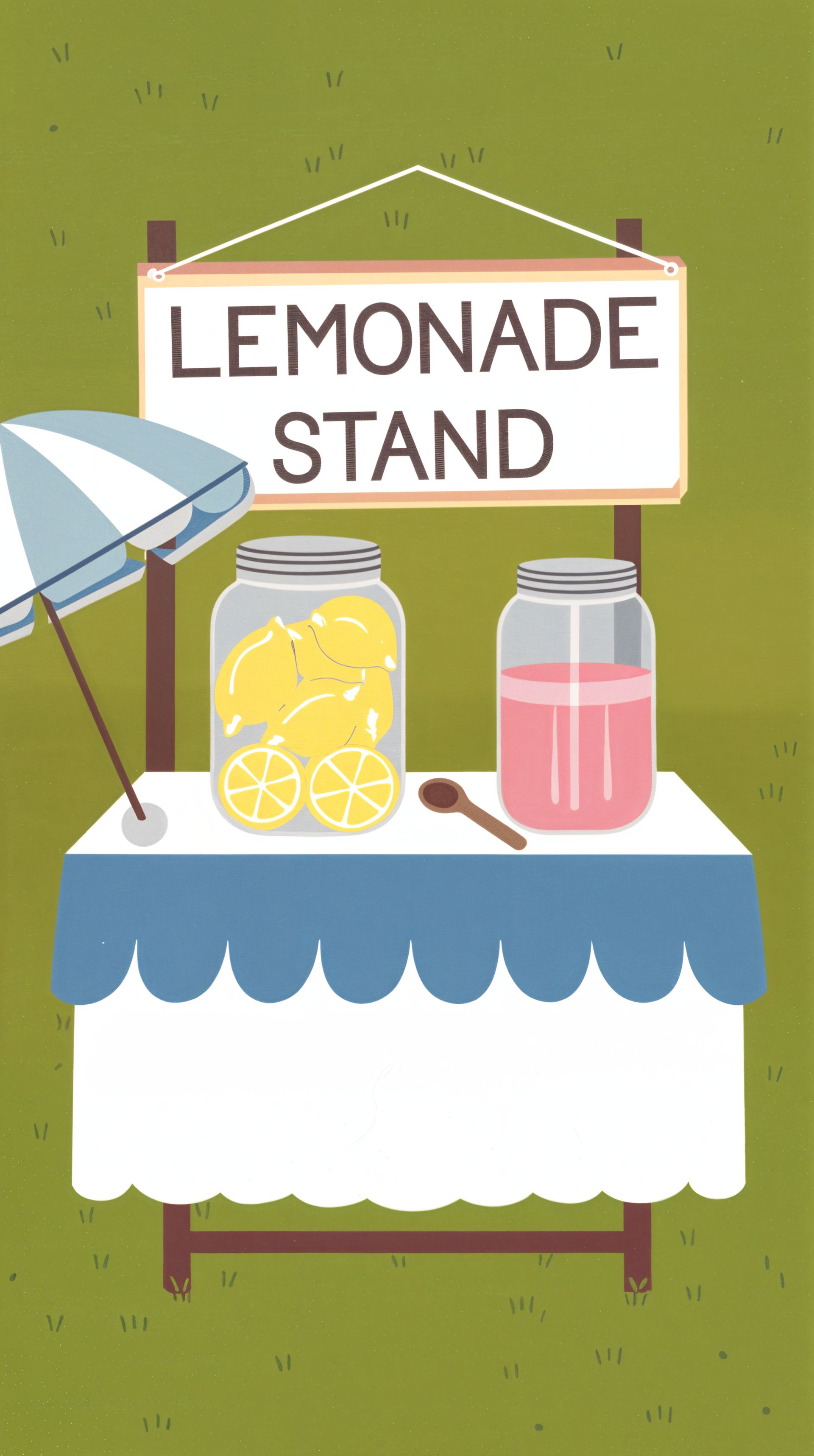 Phone wallpaper showing a summer lemonade stand with jars of lemonade and a pink beverage on a table under a sign reading LEMONADE STAND, set outdoors on green grass.