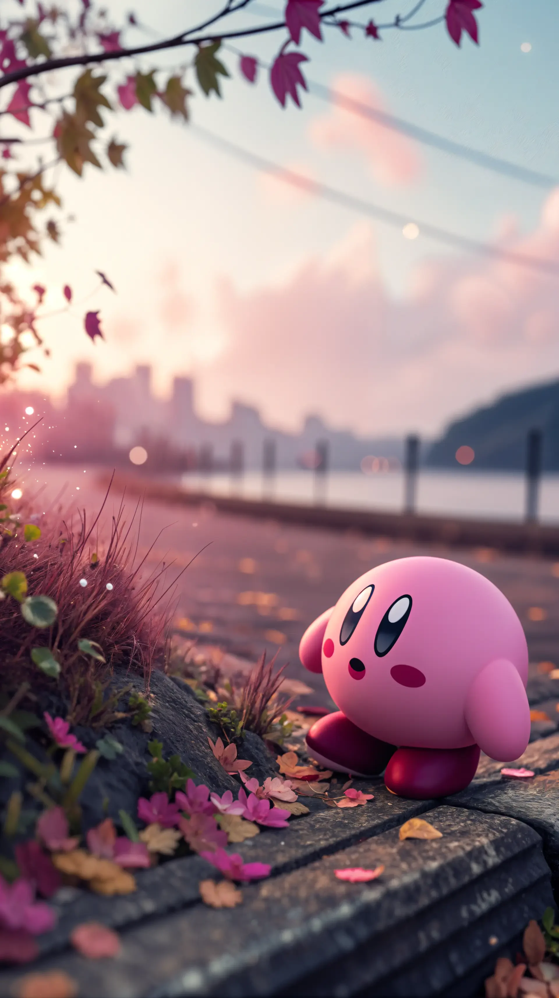 A cute, pink Kirby stands on a stone path surrounded by colorful autumn leaves, with a serene landscape and city skyline in the background. This image is designed as a phone wallpaper.