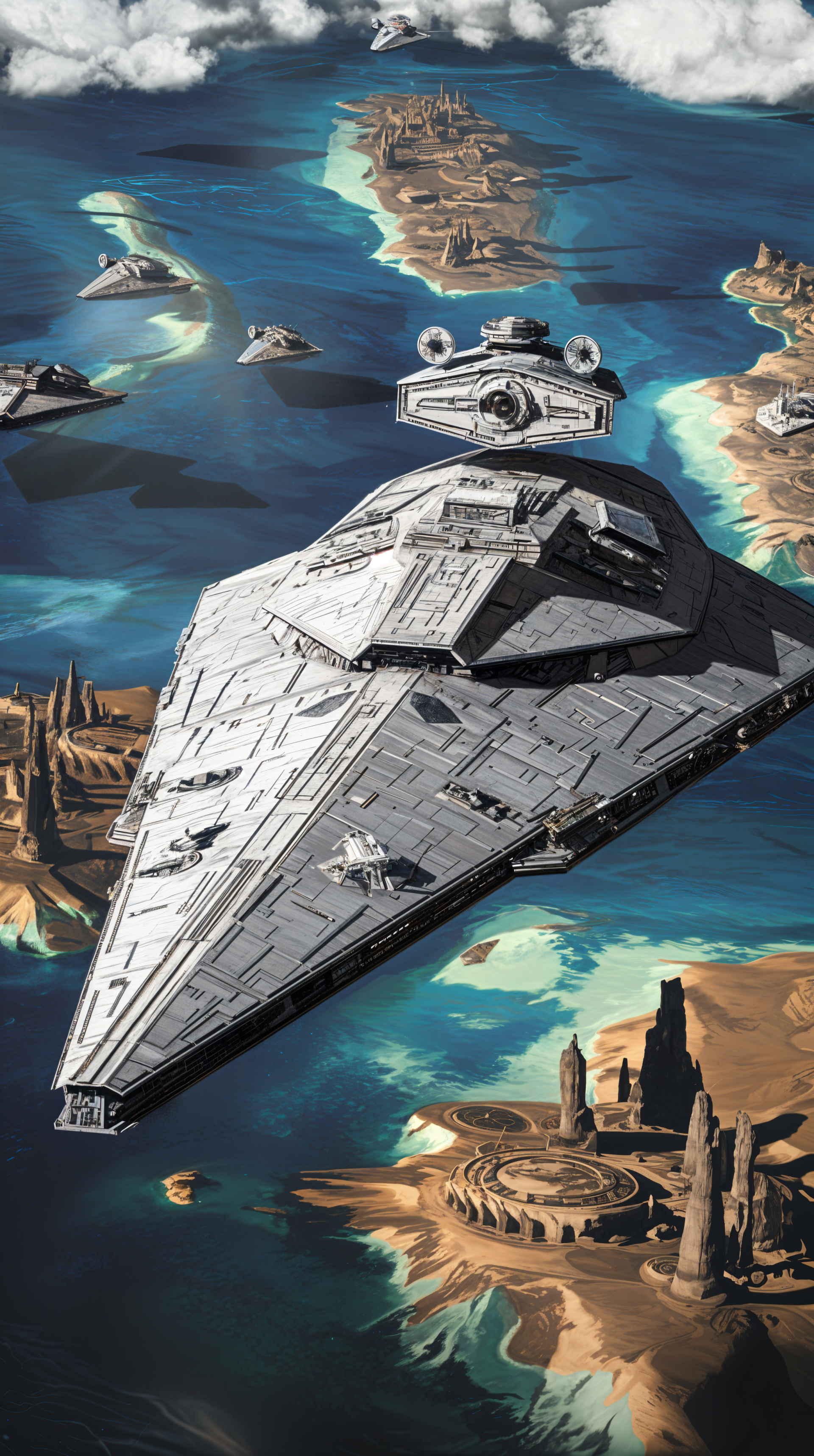 A dynamic sci-fi phone wallpaper featuring a Star Destroyer spaceship flying over a vast ocean with fantasy islands below, designed for both iPhones and Android devices.