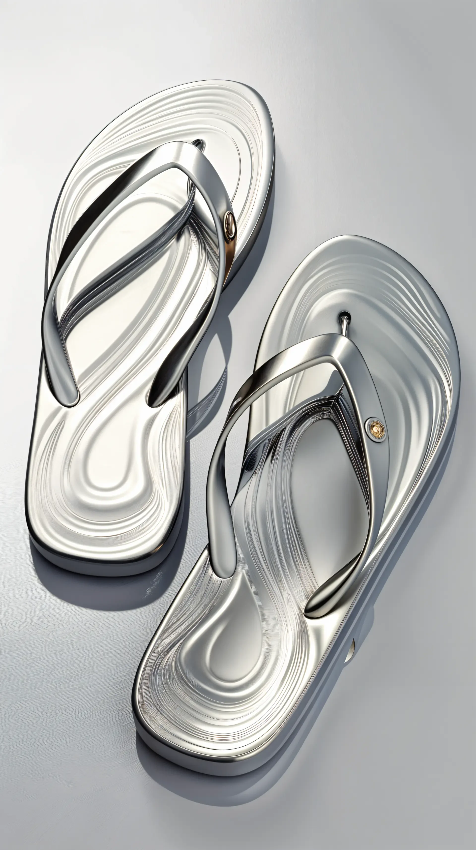 A close-up of silver flip flops with a wavy design, set against a sleek background, makes for a stylish phone wallpaper.