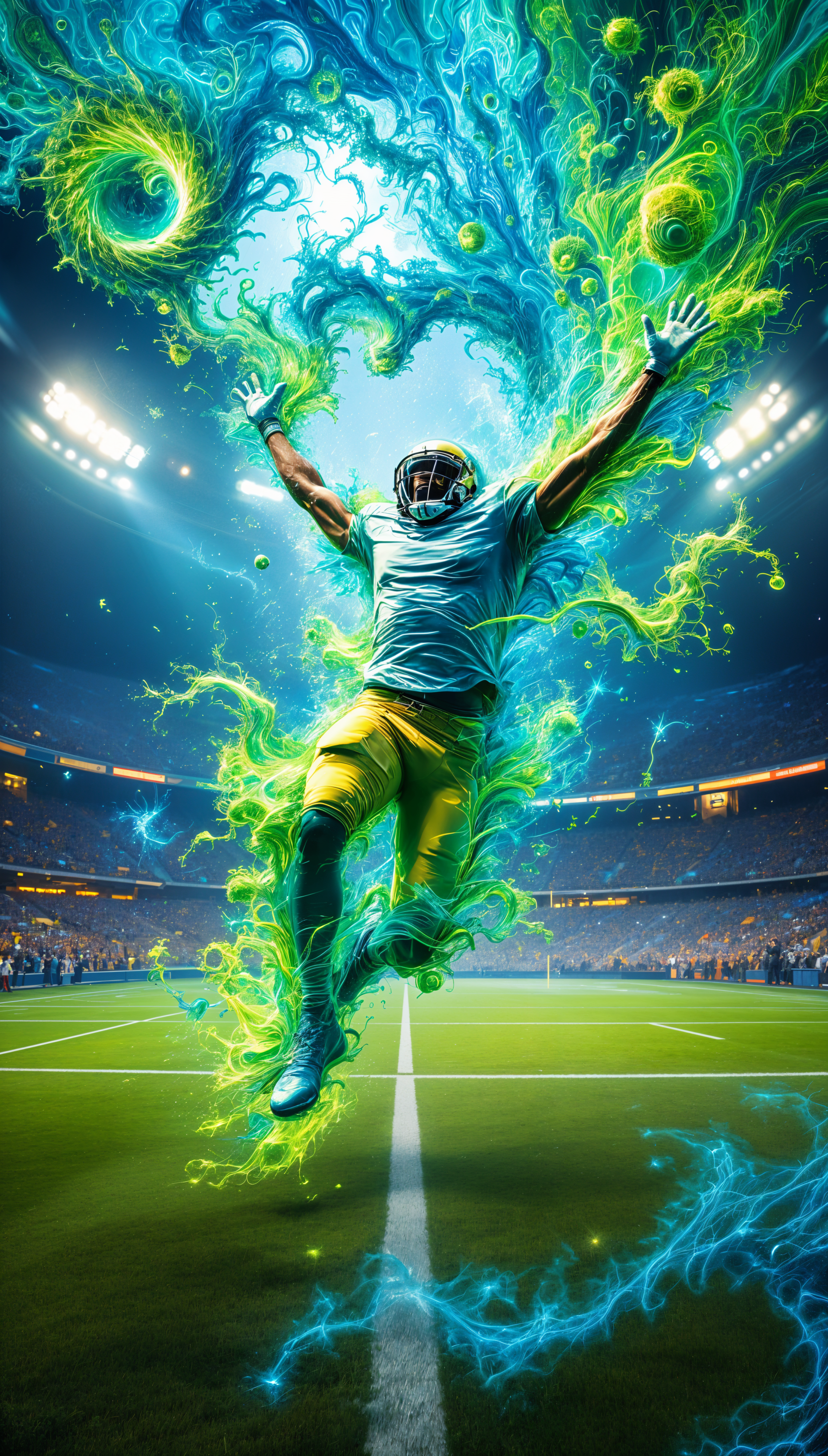 A dynamic phone wallpaper featuring a player celebrating a touchdown, surrounded by vibrant swirling green and blue energy, set in a stadium filled with cheering fans.