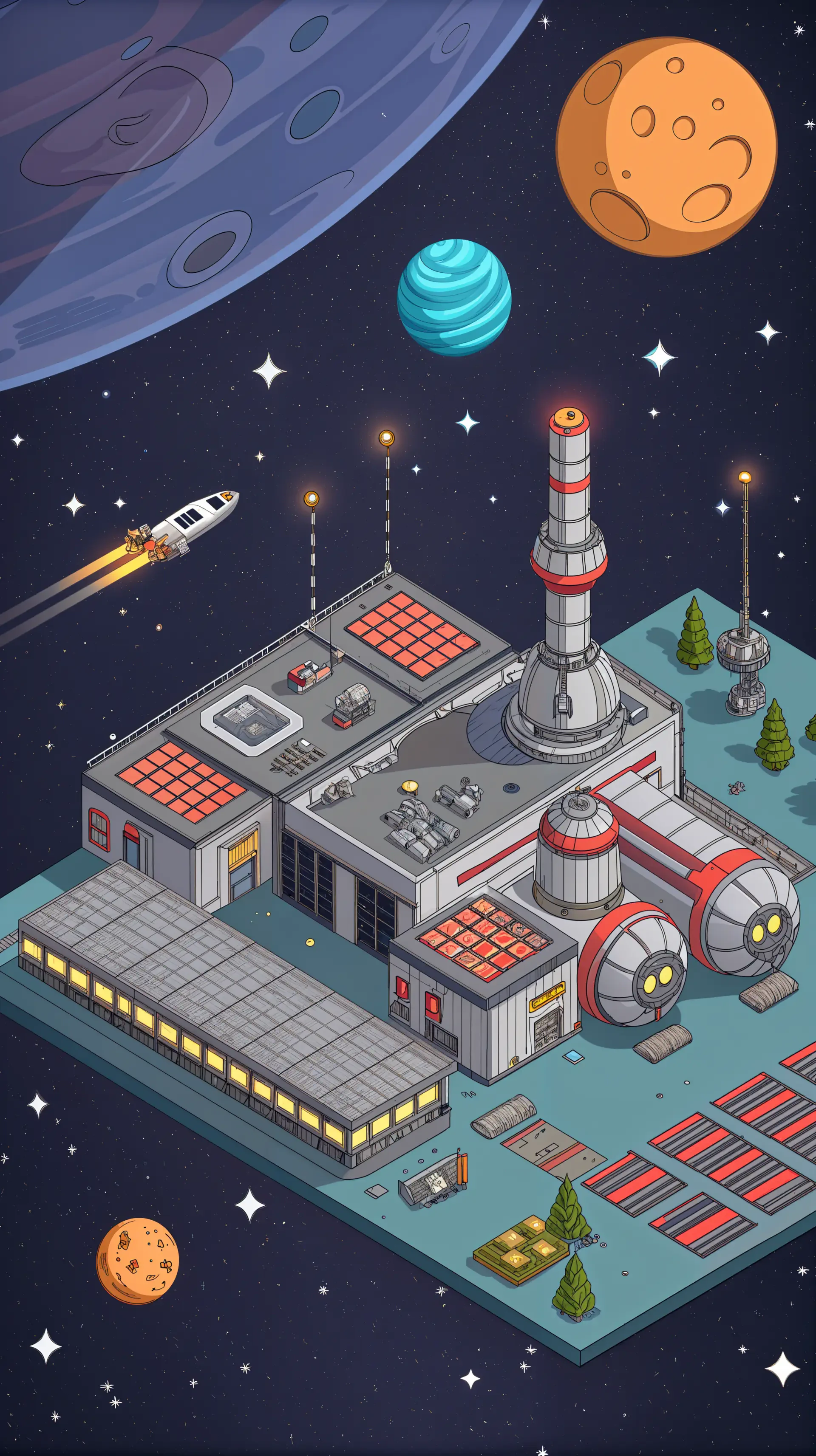 A vibrant digital illustration of a space station, featuring rocket launch pads, trees, and colorful planets in the background, designed as a phone wallpaper.