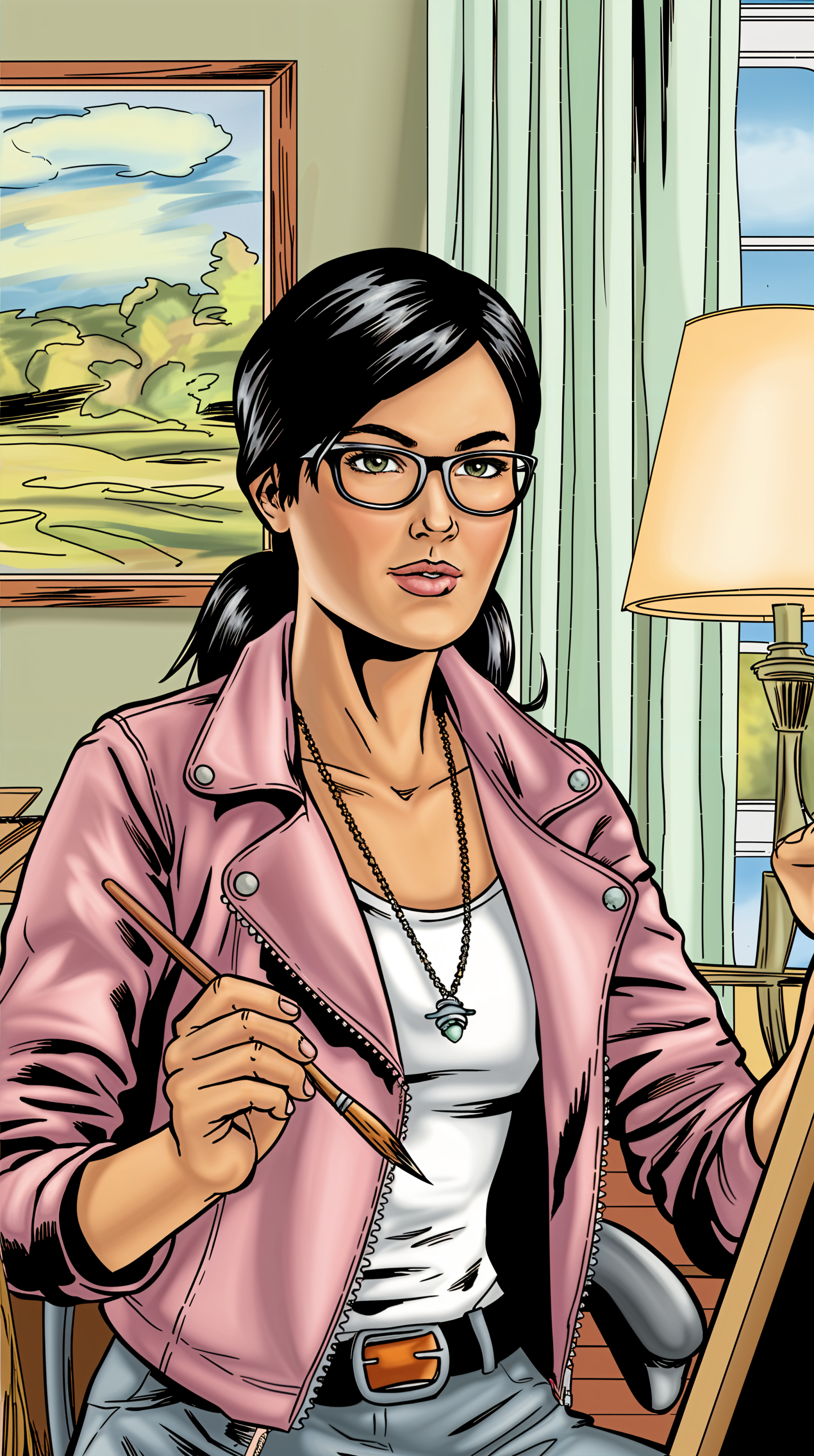 A stylish female artist wearing glasses and a pink jacket poses with a pencil, set against a cozy room with a lamp and a landscape painting in the background.