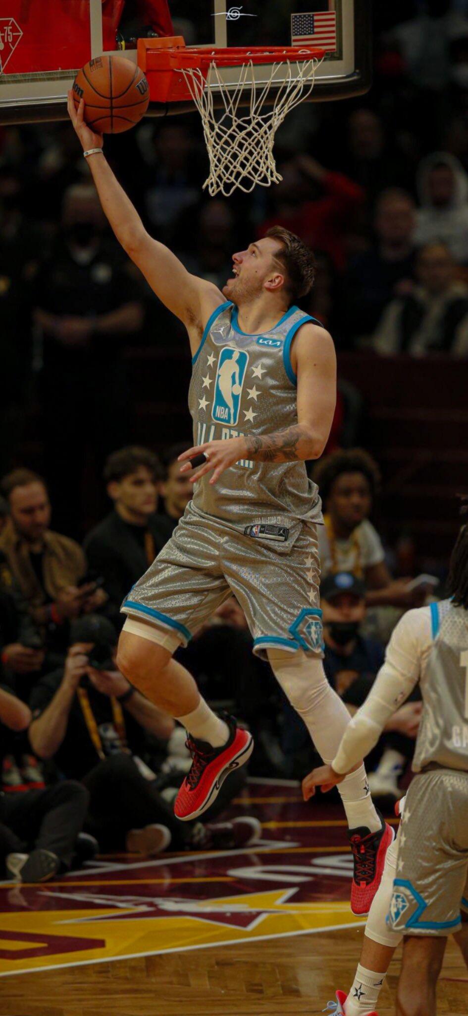 Phone wallpaper featuring Luka Dončić in action during the NBA All-Star Game, showcasing dynamic basketball play with clear NBA and sports elements.